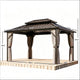 13.7x9.9 FT Hardtop Gazebo, 2-Tier UPF50+ Galvanized Steel Roof, Aluminum Frame, Curtains & Mesh Netting, Black/Brown