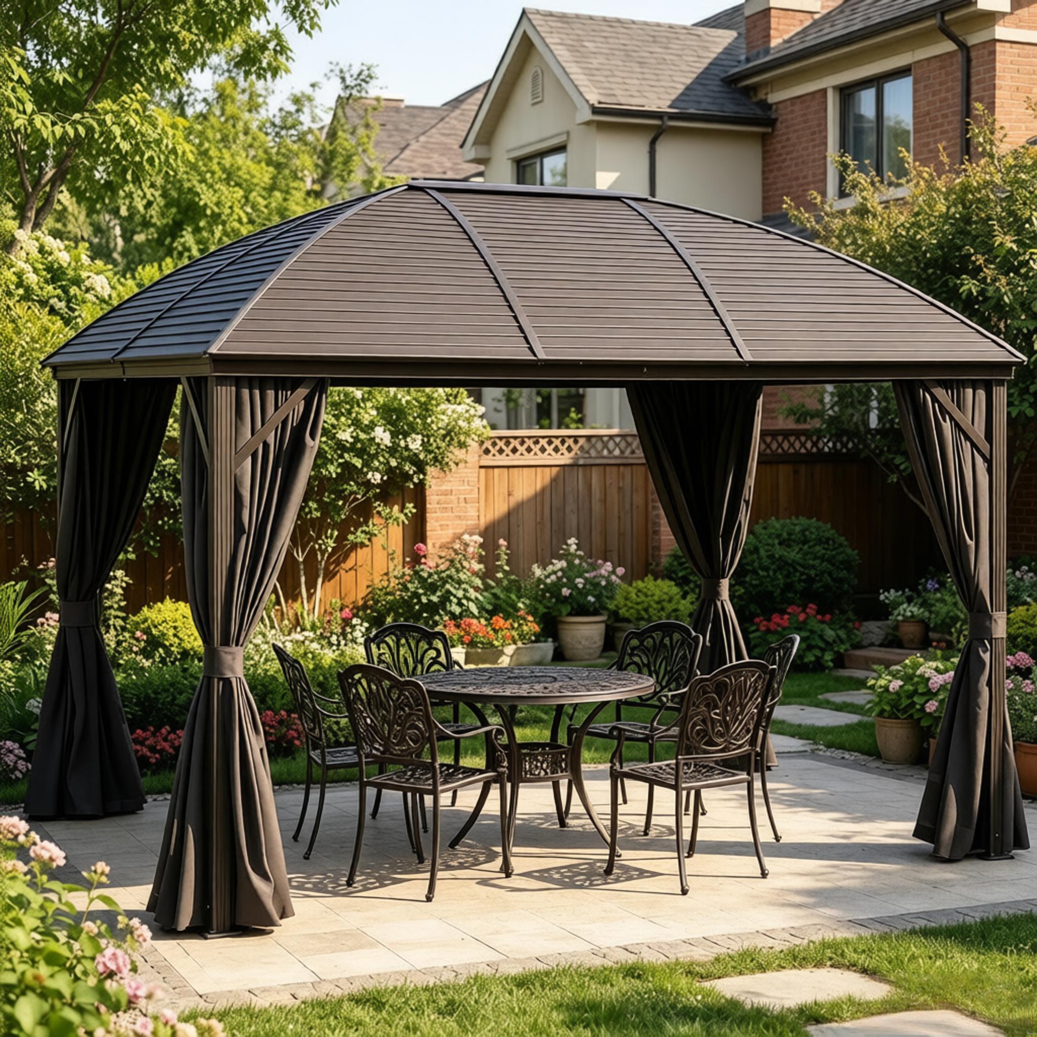 13x9.75 FT Hardtop Gazebo, Galvanized Steel Dome Roof with Gutter, Mesh & Curtain Sidewalls, 3 Hooks, Dark Gray