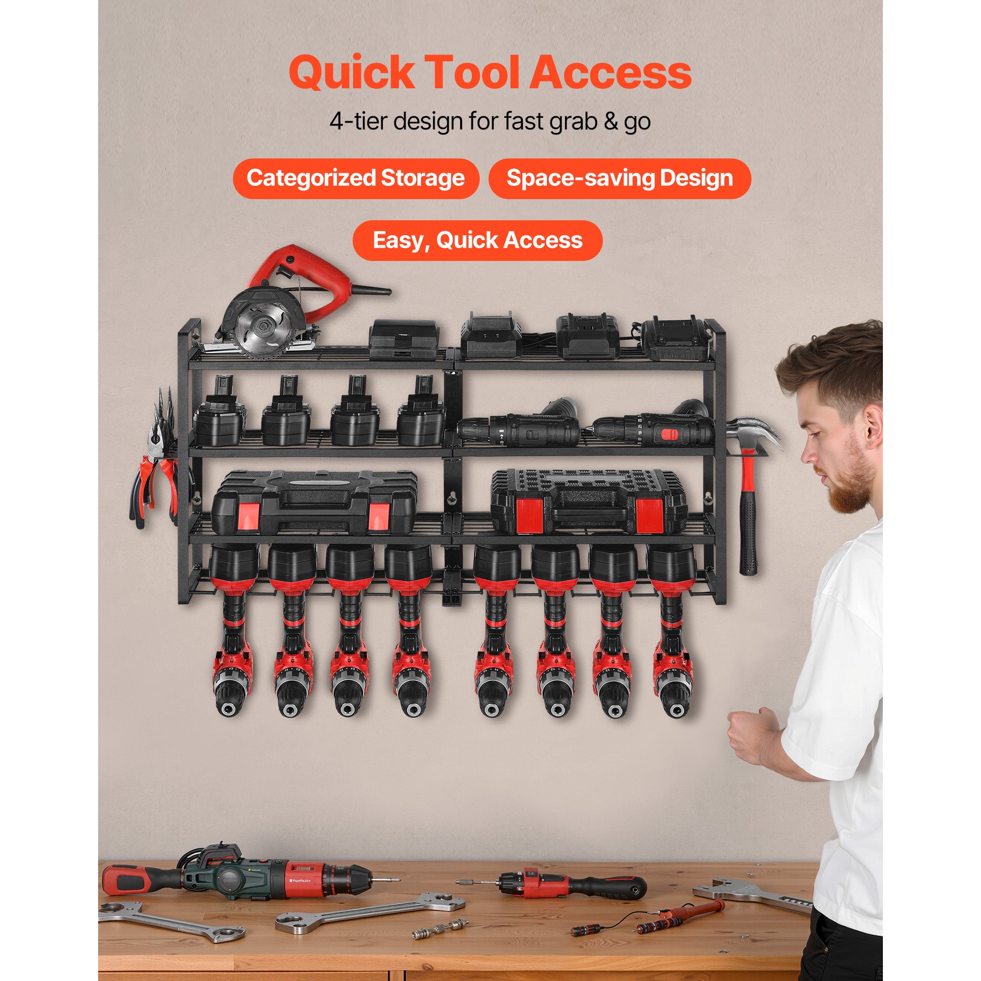 Power Tool Organizer Wall Mount – 4-Layer Storage Rack with 8 Drill Holders & Screwdriver Holder for Garage, Workbench, Workshop