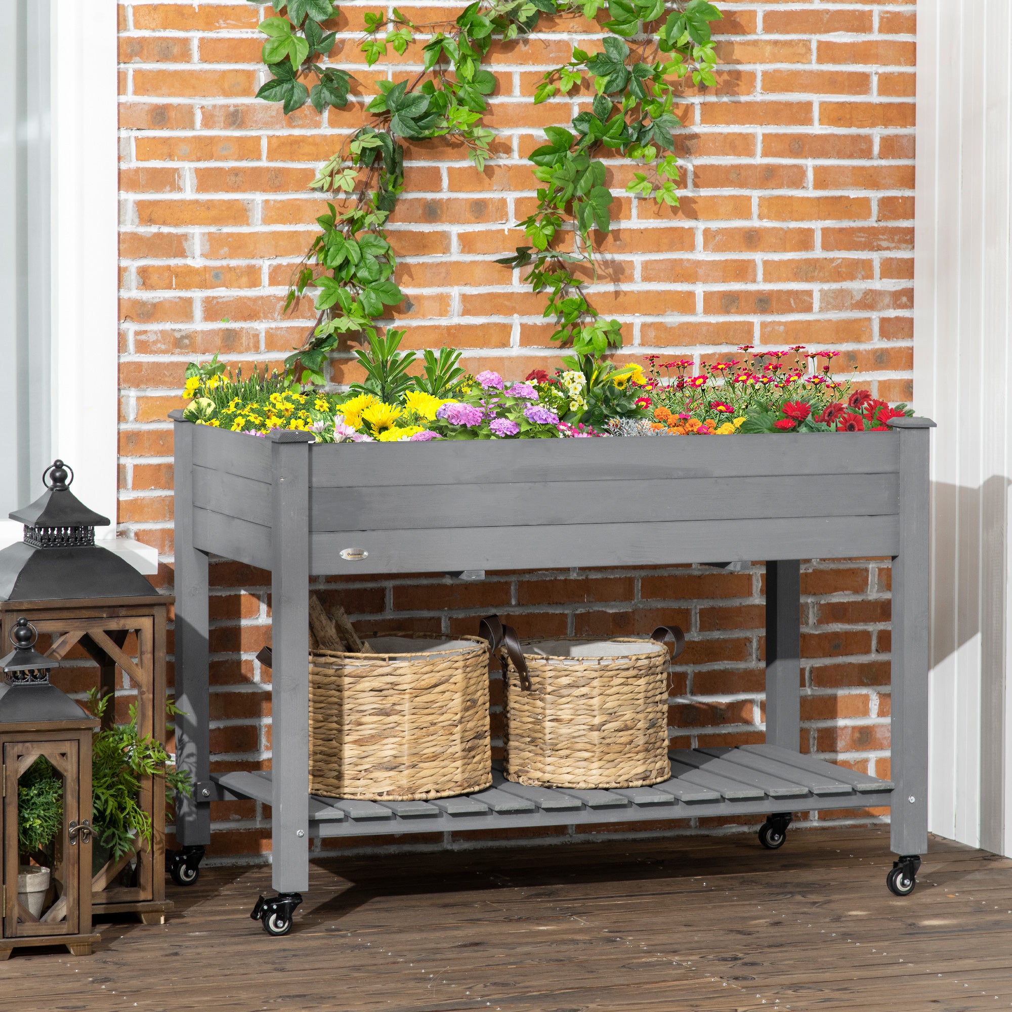 Outsunny Raised Garden Bed, 47" x 22" x 33", Elevated Wooden Planter Box with Lockable Wheels, Storage Shelf, and Bed Liner for Backyard, Patio, Dark Gray
