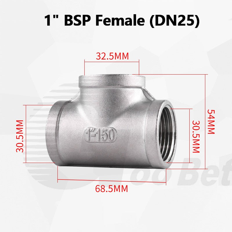 304 Stainless Steel BSP Tee Pipe Fitting — Male & Female Thread, 1/2" to 2"