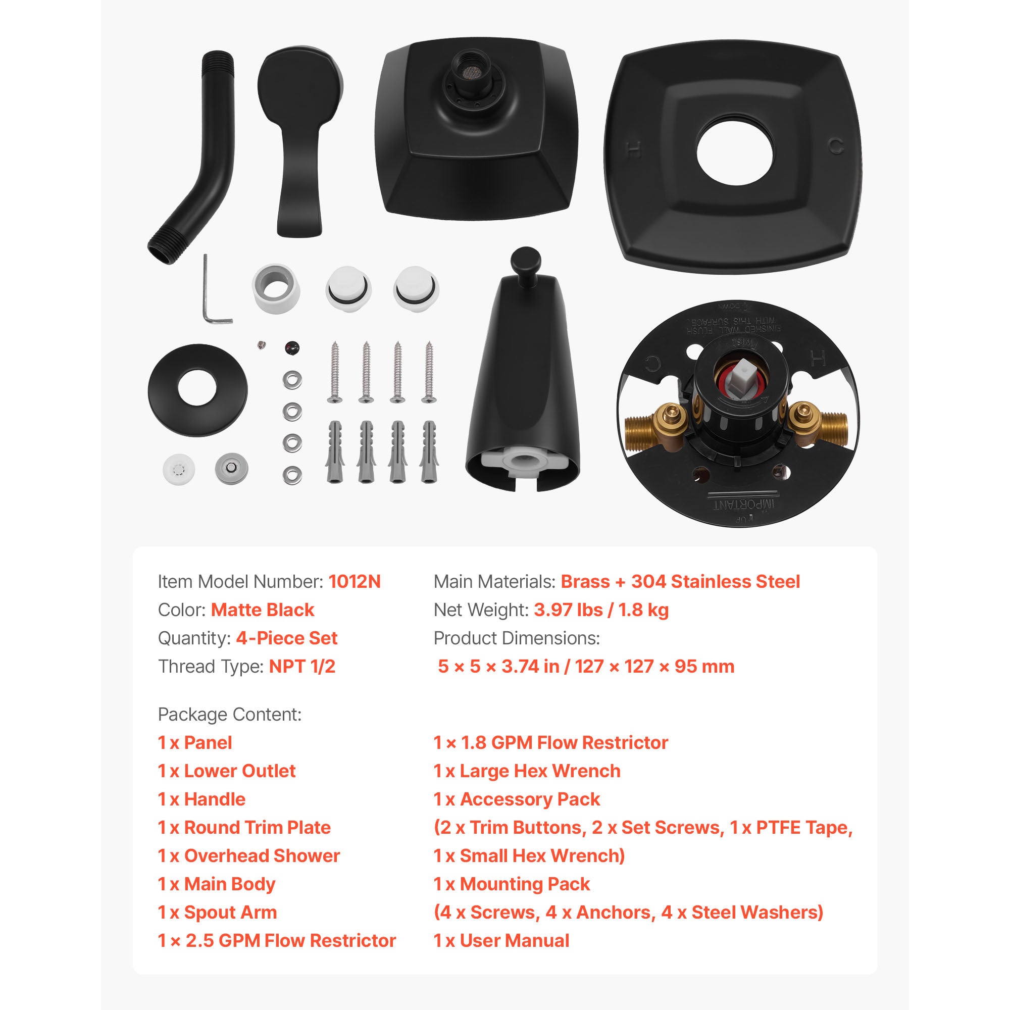 Complete Tub & Shower Faucet Set – 5.1" Rainfall Shower Head, 5 Spray Modes, Pressure Balancing Valve, Matte Black