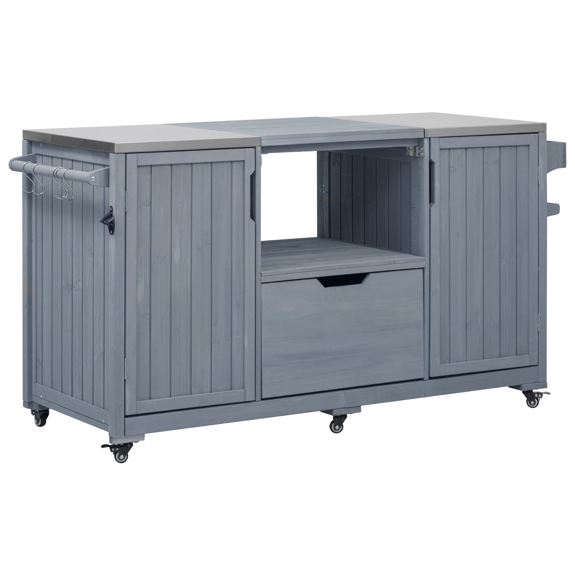 K&K 66.5" Outdoor Kitchen Island for Big Green Egg Grills, Solid Wood Outdoor Grill Cart for Tabletop Grill with Stainless Steel Top, Drawer, Compatible with Large Big Green Egg, Kamado Joe- Grey Blue