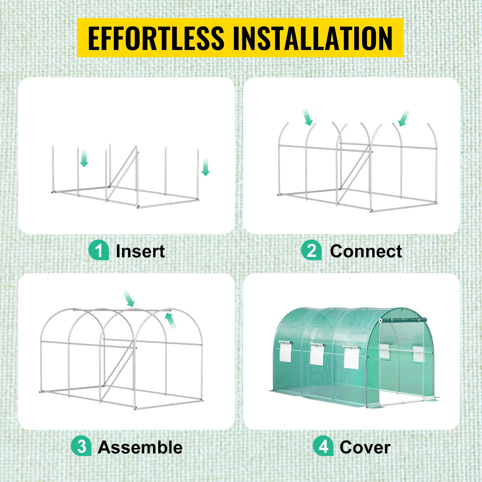 12ft x 7ft x 7ft Walk‑In Tunnel Greenhouse — Galvanized Steel Frame Roll‑Up Windows & Zippered Door Green