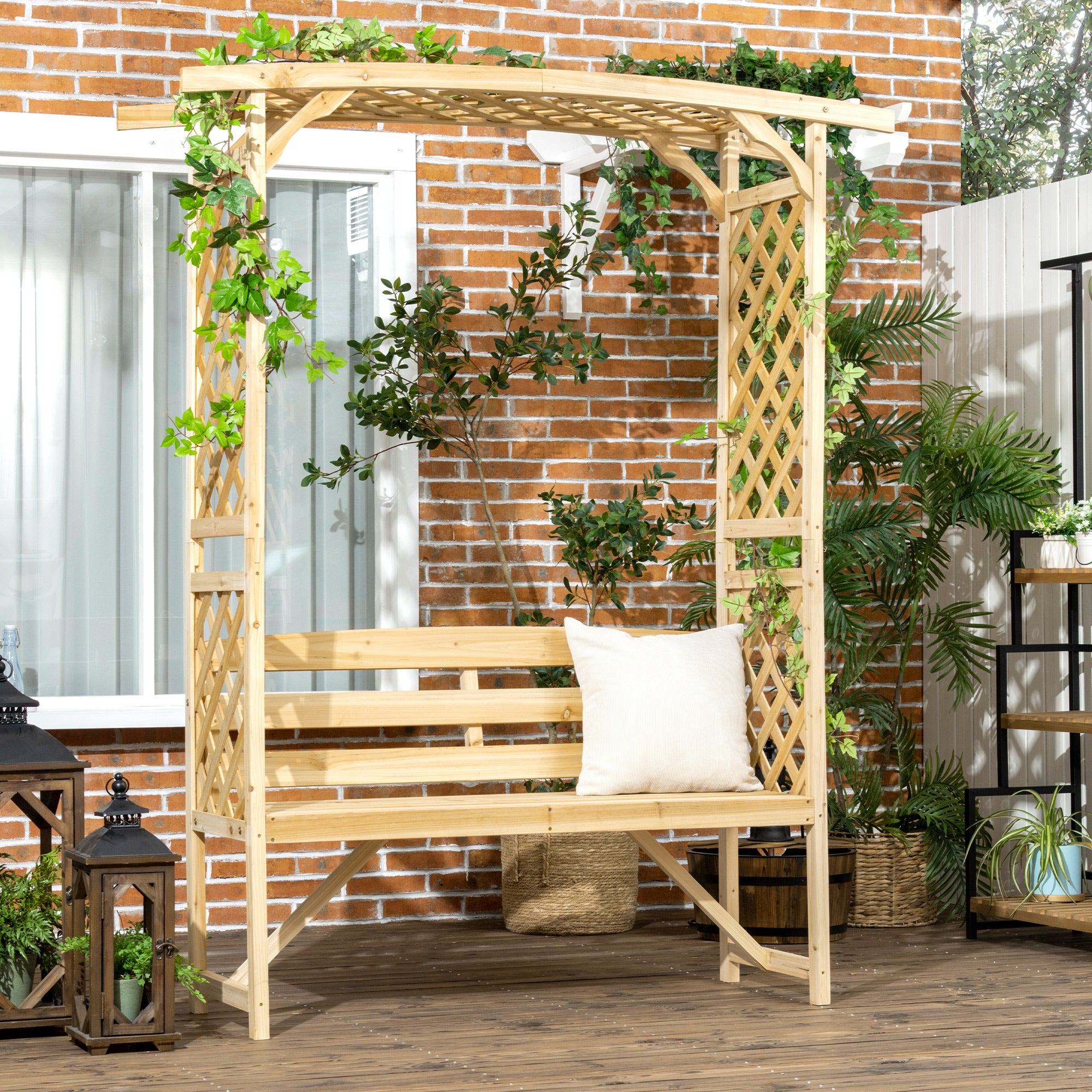 Outsunny Patio Garden Bench Arbor Arch with Pergola and 2 Trellises, 3 Seat Natural Wooden Outdoor Bench for Grape Vines & Climbing Plants, Backyard Decor, Natural