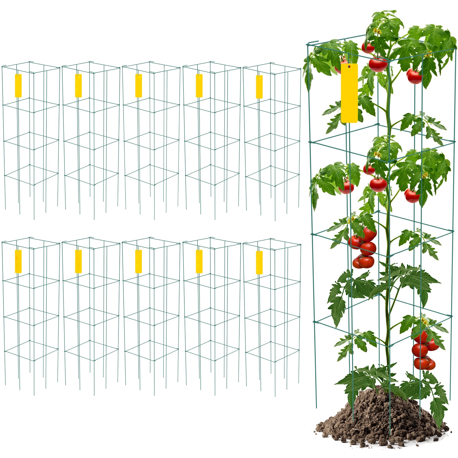 Tomato Cages, 11.8" x 11.8" x 46.1", 10 Packs Square Plant Support Cages, Green PVC-Coated Steel Tomato Towers for Climbing Vegetables, Plants, Flowers, Fruits