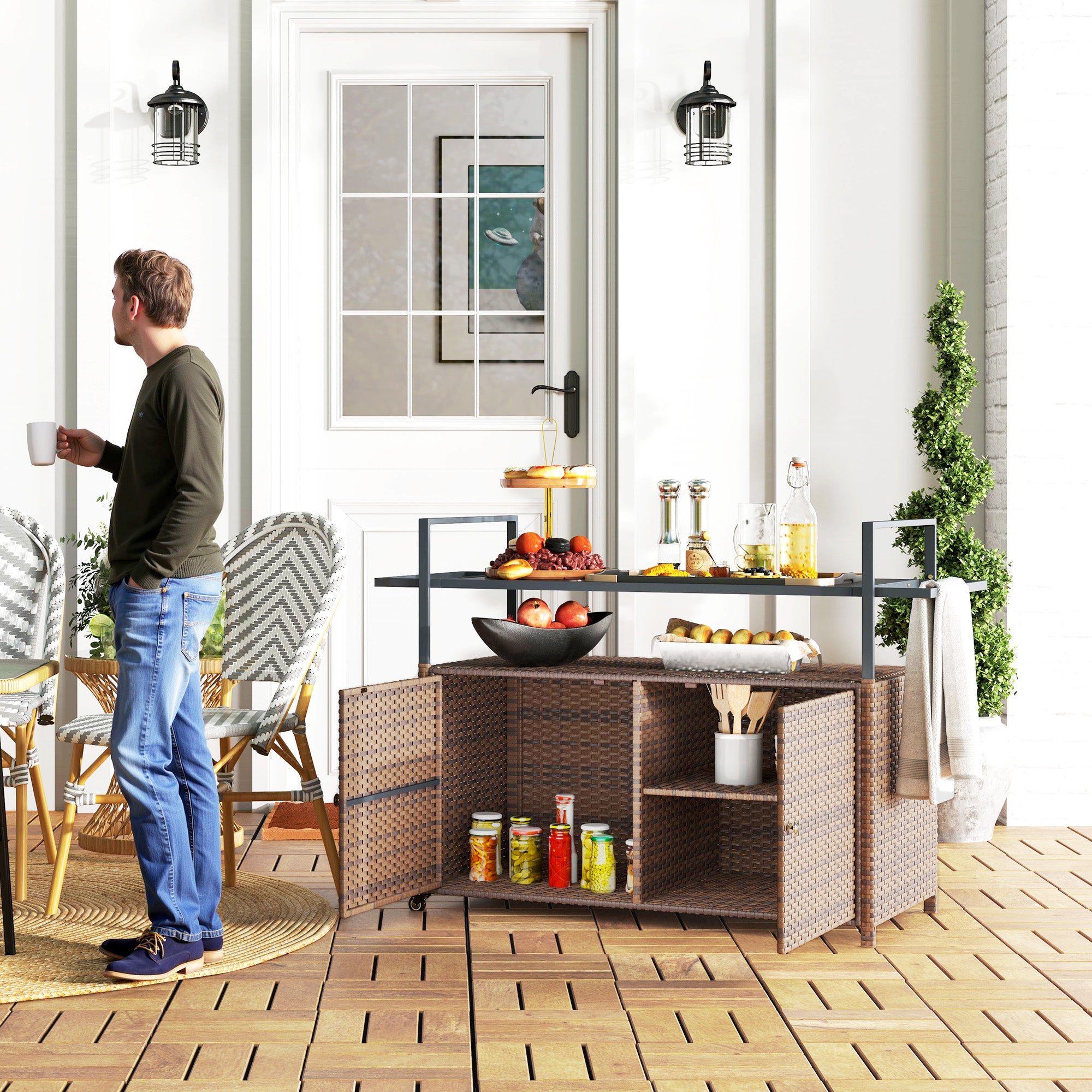 Outsunny 2-Tier Shelf PE Rattan Outdoor Bar Table, Glass Top Outdoor Serving Cart with Cabinet, Mixed Brown