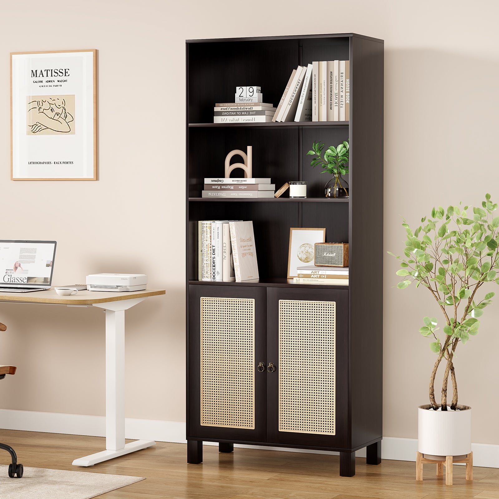 Tall Bookcase with Rattan Doors,5 Tier Storage Wood Shelves Large Bookshelf for Library Living Room Bedroom Home Office,Walnut