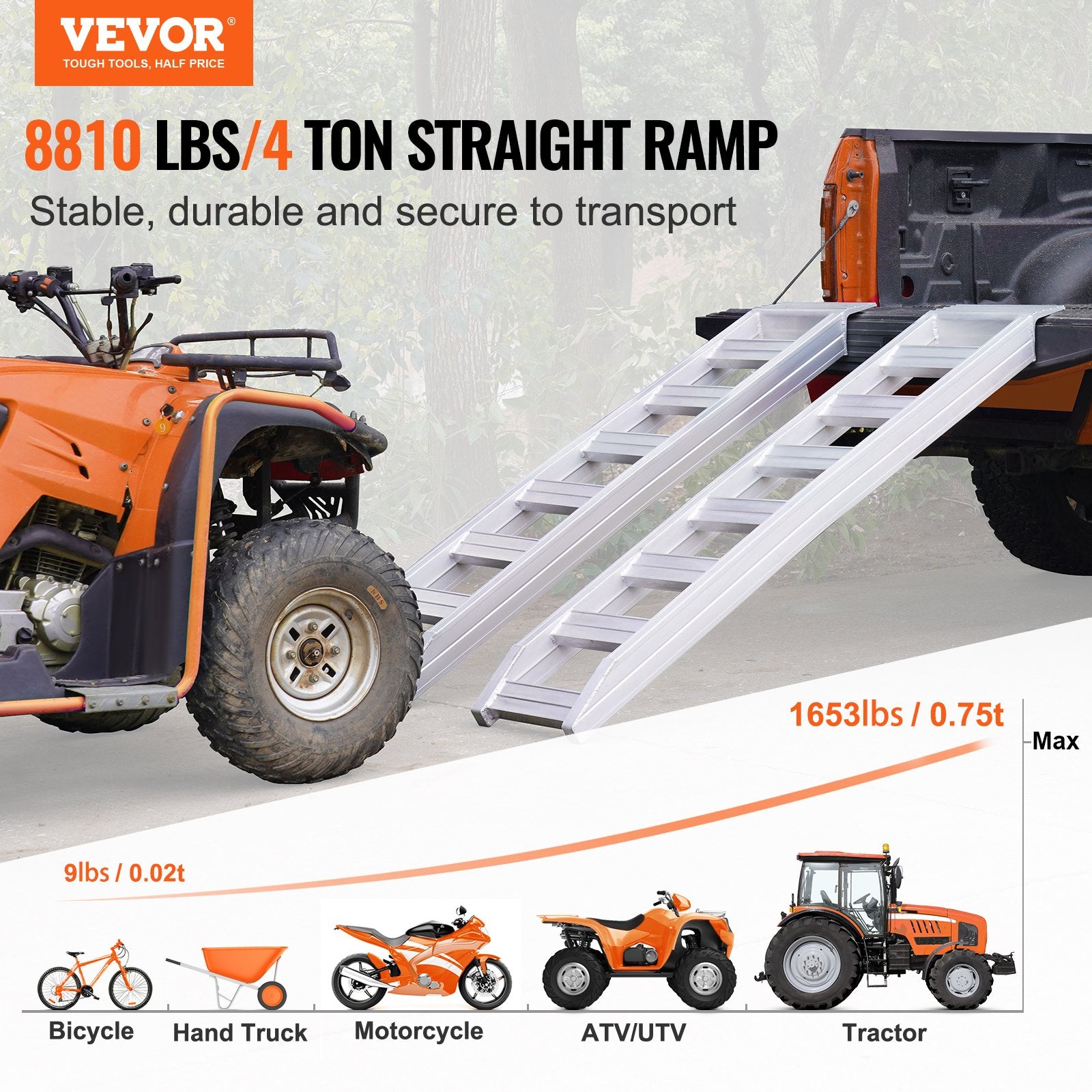 Aluminum Ramps, 8810 lbs, Heavy-duty Ramps with Top Hook Attaching End, Universal Loading Ramp for Motorcycle, Tractor, ATV/UTV, Trucks, Lawn Mower, 72"L x 15"W, 2Pcs