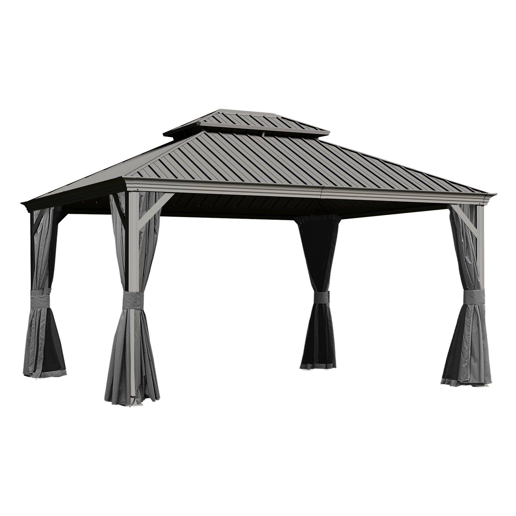 10x13 FT Hardtop Gazebo, Double Roof Galvanized Steel, 40MPH Wind, Curtains & Netting, Gray