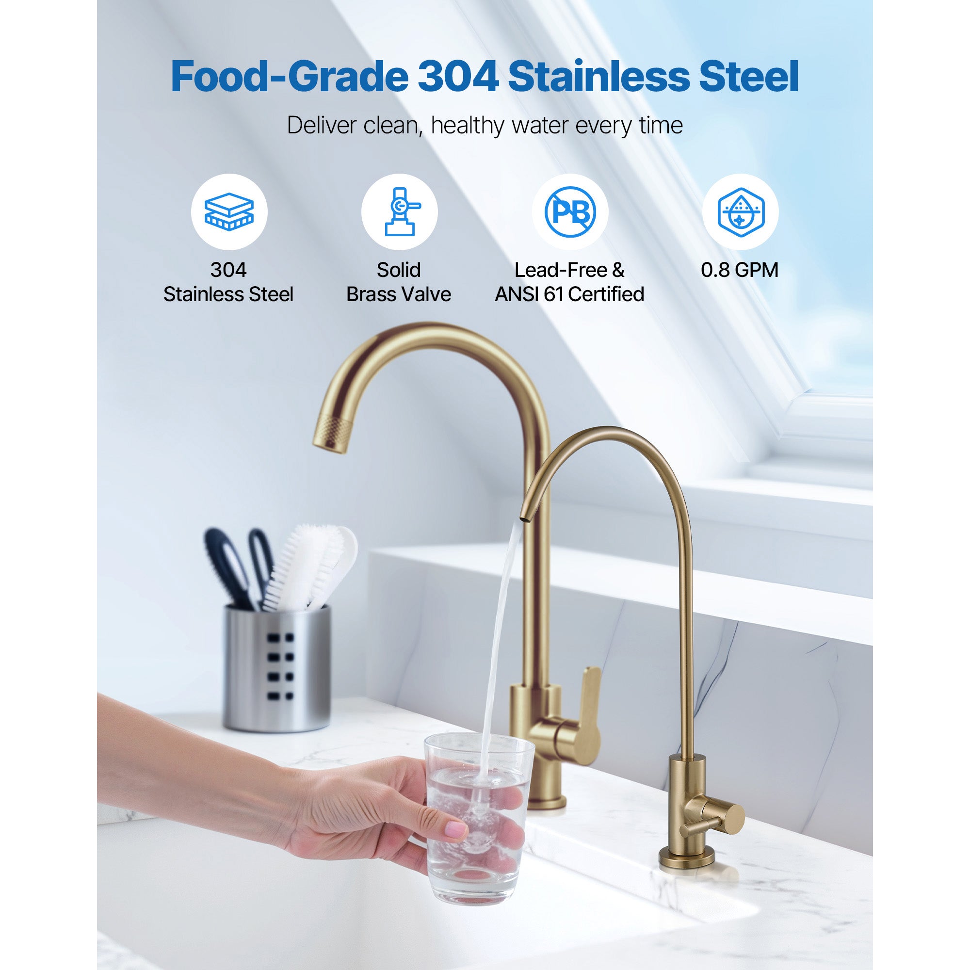 Stainless Steel Faucet, Lead-Free Water Purifier Faucet, Filter Water Faucets With Solid Brass Valve, Anti-Rust & Durability Ro Water Faucets For Kitchen, Bar Counter, Cafe Shop, Brushed Gold