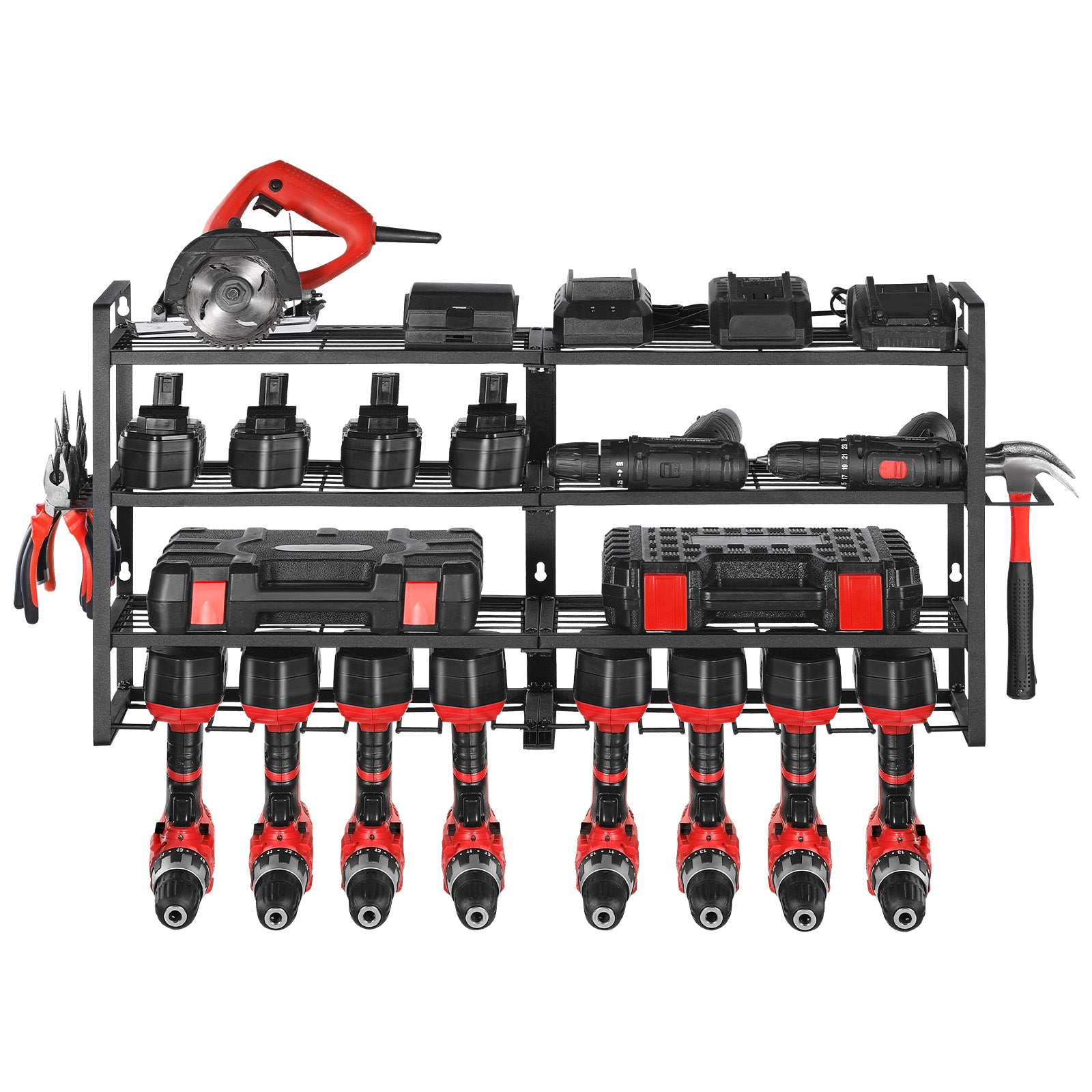 Power Tool Organizer Wall Mount – 4-Layer Storage Rack with 8 Drill Holders & Screwdriver Holder for Garage, Workbench, Workshop