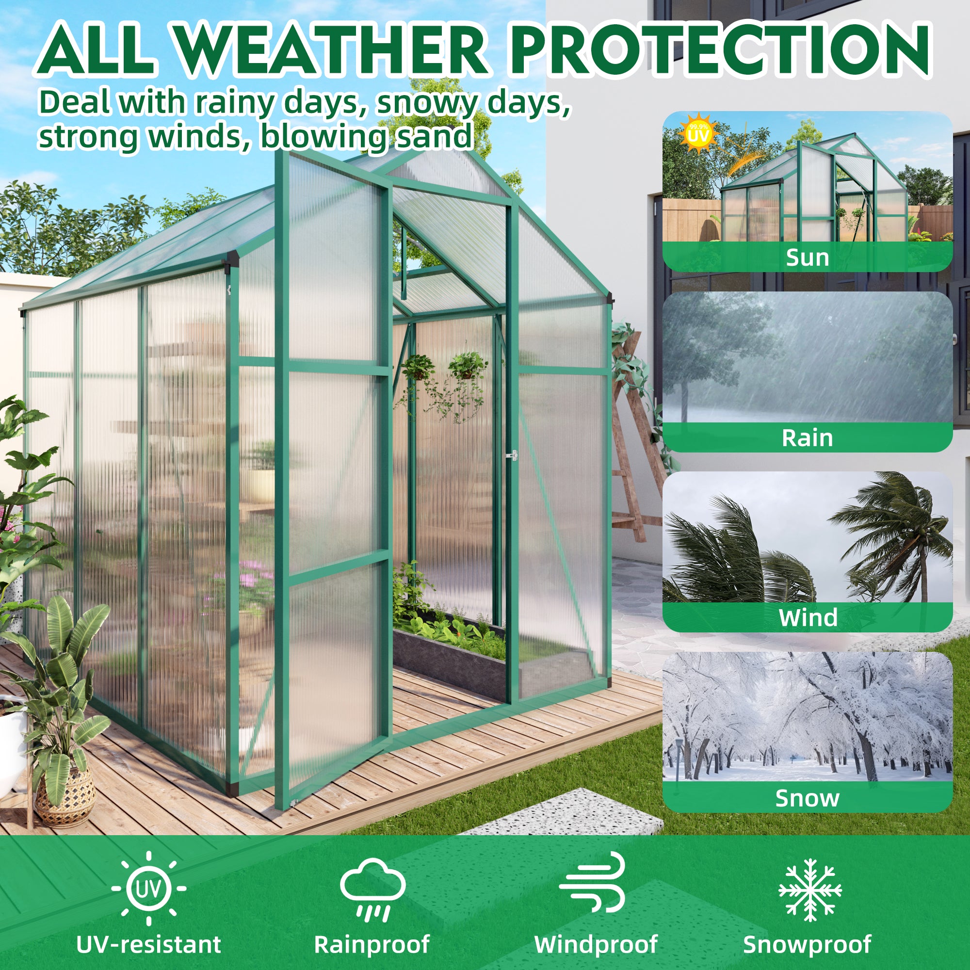6ft x 6ft Heavy‑Duty Aluminum Walk‑In Greenhouse — Wind‑Resistant Polycarbonate Panels with Raised Base & Drainage System Green