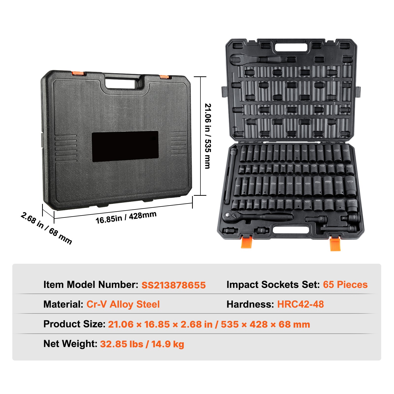 65‑Piece 1/2" Drive Impact Socket Set — SAE & Metric, 6‑Point Cr‑V Steel, Black Case