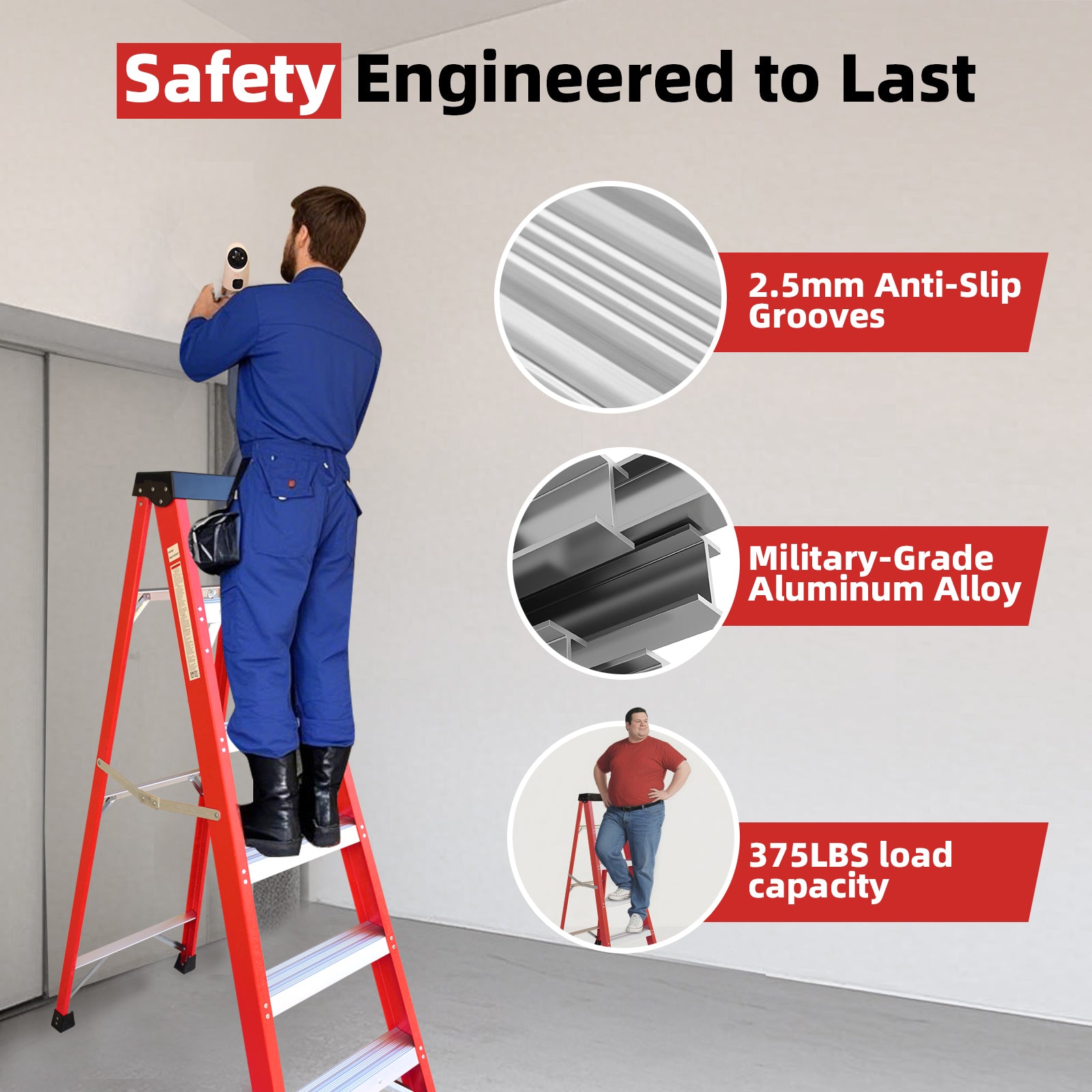 Fiberglass Step Ladder — 330 lb Capacity, Non‑Conductive, Safety Red, 11" Step Spacing