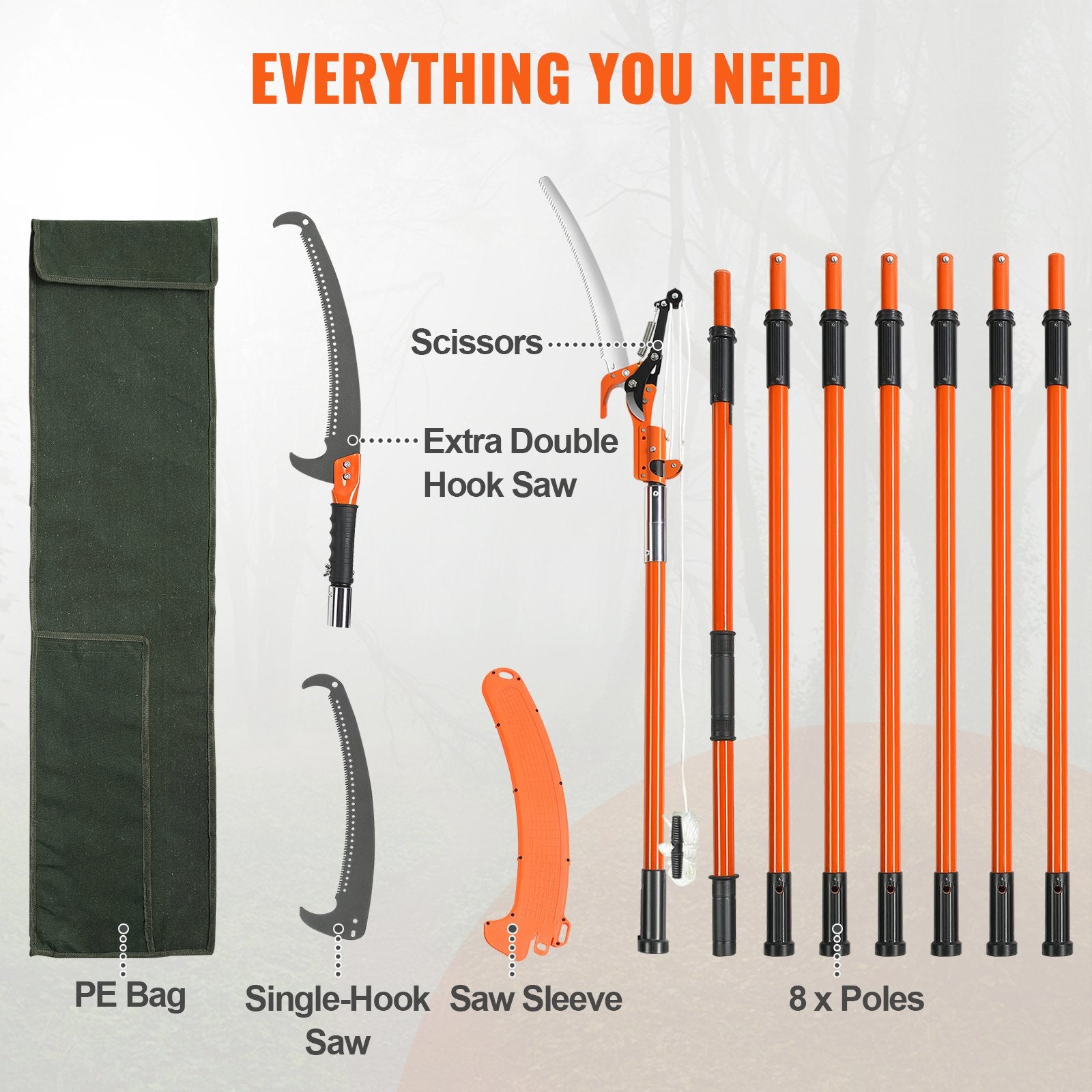 7.3–27 ft Manual Pole Saw & Tree Pruner – 2-in-1 Saw + Scissors with Pulley System, Lightweight Fiberglass Poles