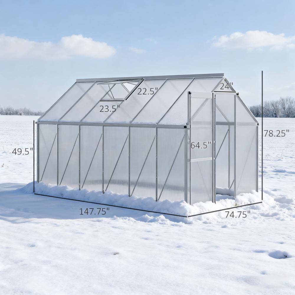 12.3ft x 6.2ft x 6.5ft Heavy‑Duty Aluminum Walk‑In Greenhouse — Polycarbonate Panels Sliding Door & Rooftop Vent Silver