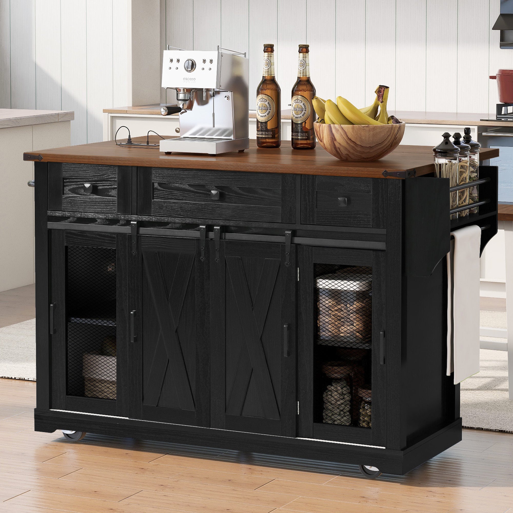 Farmhouse Kitchen Island with Sliding Barn Door, Power Outlet, Glass Holders & Drop Leaf, 58 in.