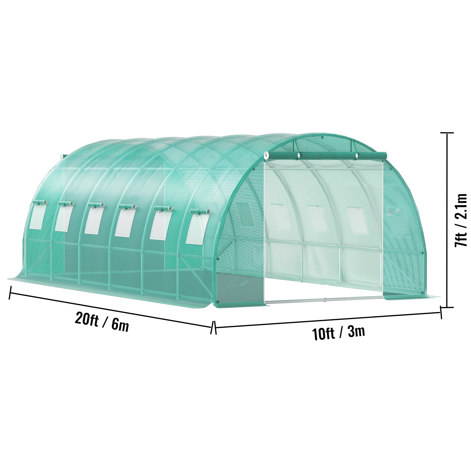 20ft x 10ft x 7ft Walk‑In Tunnel Greenhouse — Galvanized Steel Frame Roll‑Up Windows & Zippered Doors Green