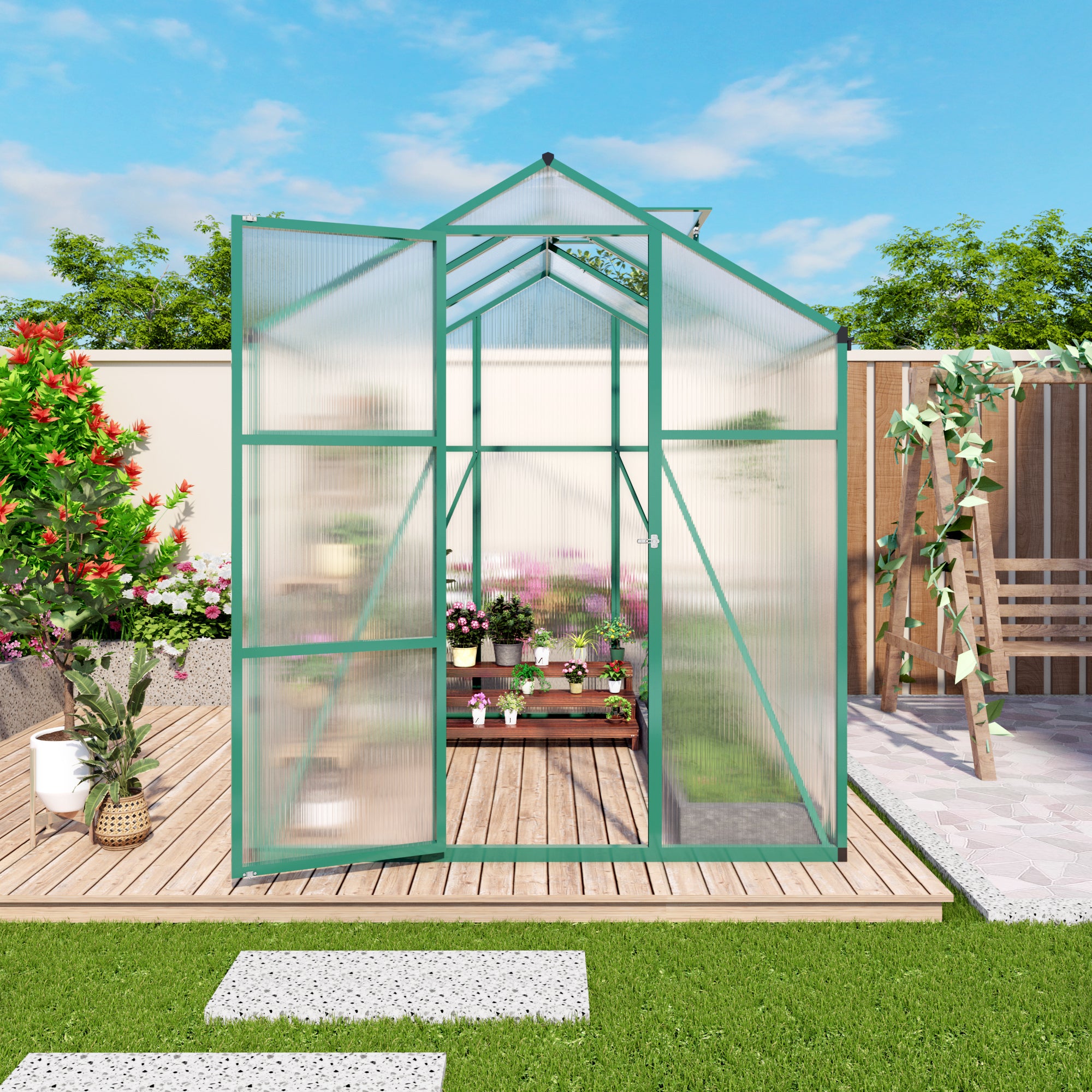 6ft x 6ft Heavy‑Duty Aluminum Walk‑In Greenhouse — Wind‑Resistant Polycarbonate Panels with Raised Base & Drainage System Green