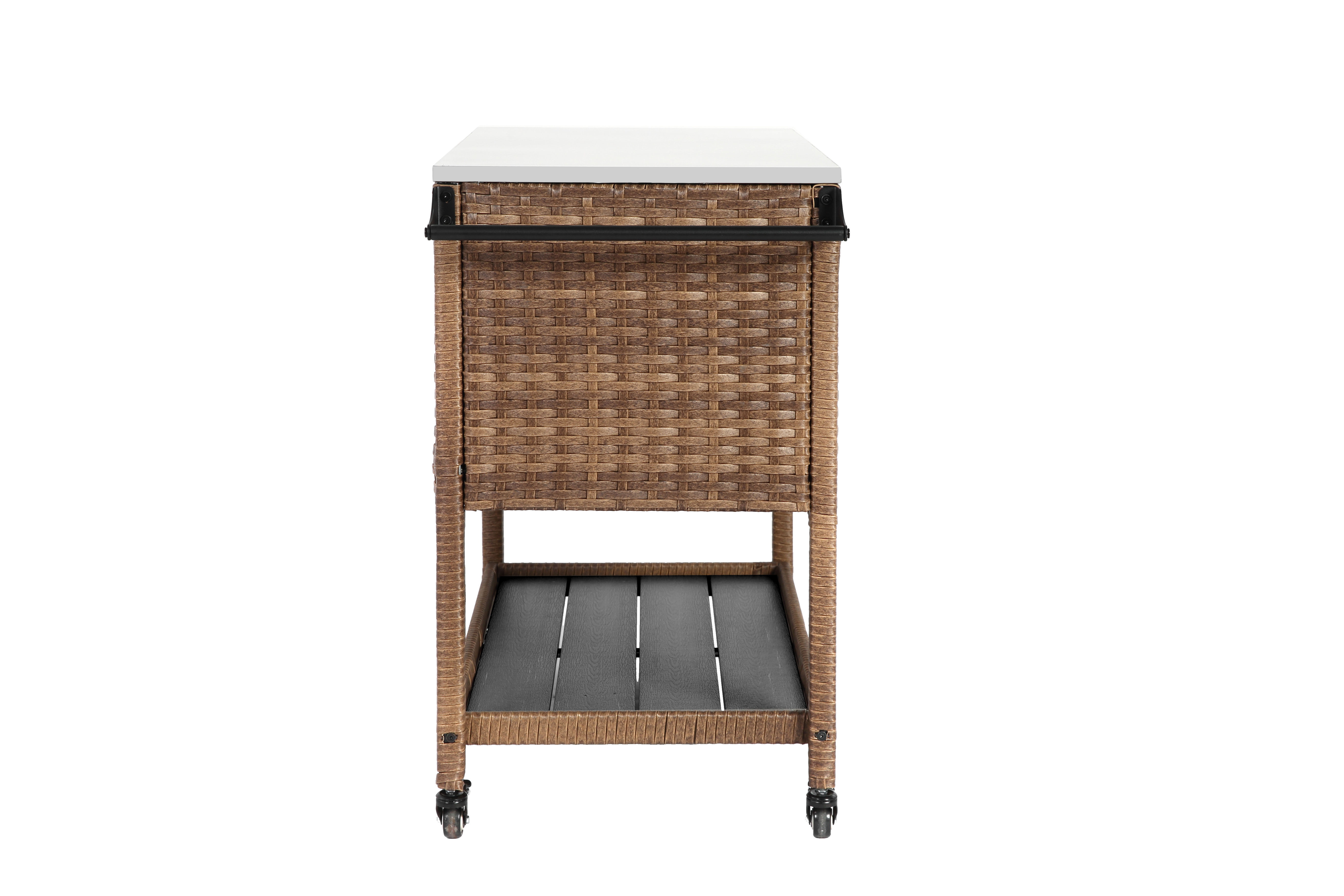 Outdoor Wicker Bar Cart, Patio Wine Serving Cart w/Wheels, Rolling Rattan Beverage Bar Counter Table with stainless steel Top for Porch Backyard Garden Poolside Party, Brown