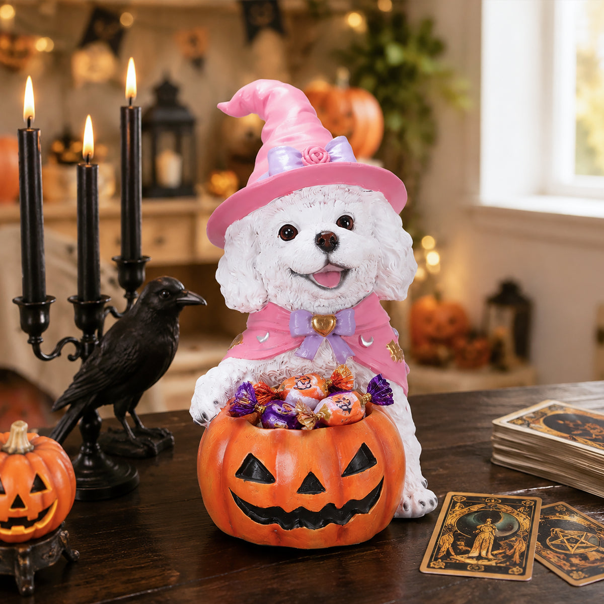 Halloween Puppy Figurine with Pumpkin Candy Bowl, 12.6-Inch Resin