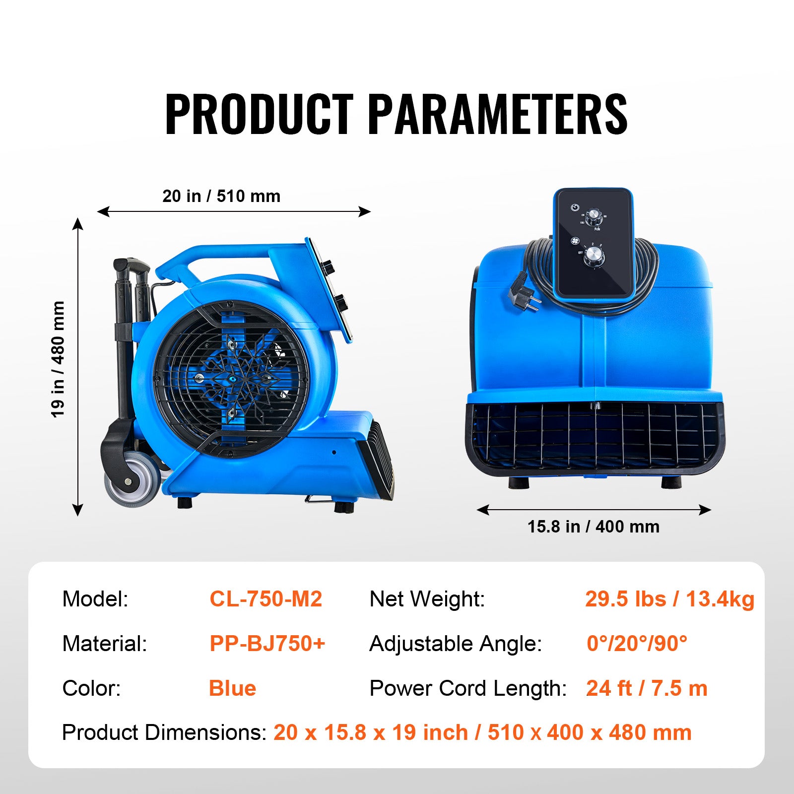 Floor Blower 1560 RPM 4000 CFM Air Mover with 3 Blowing Angles 3-Speeds