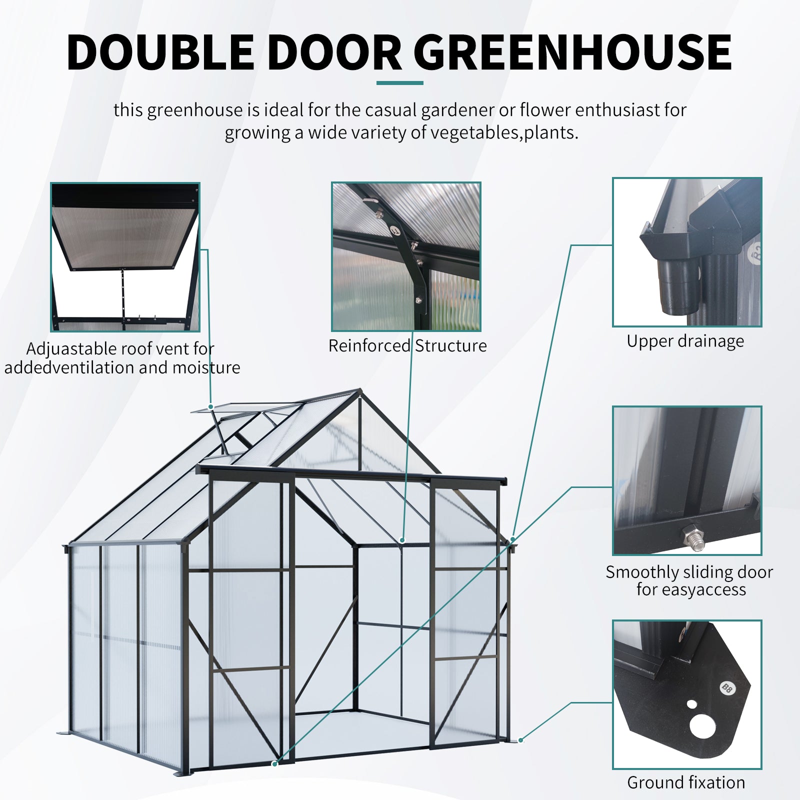 8ft x 6ft Heavy‑Duty Aluminum Walk‑In Greenhouse — Double Doors Adjustable Roof & Polycarbonate Panels Black