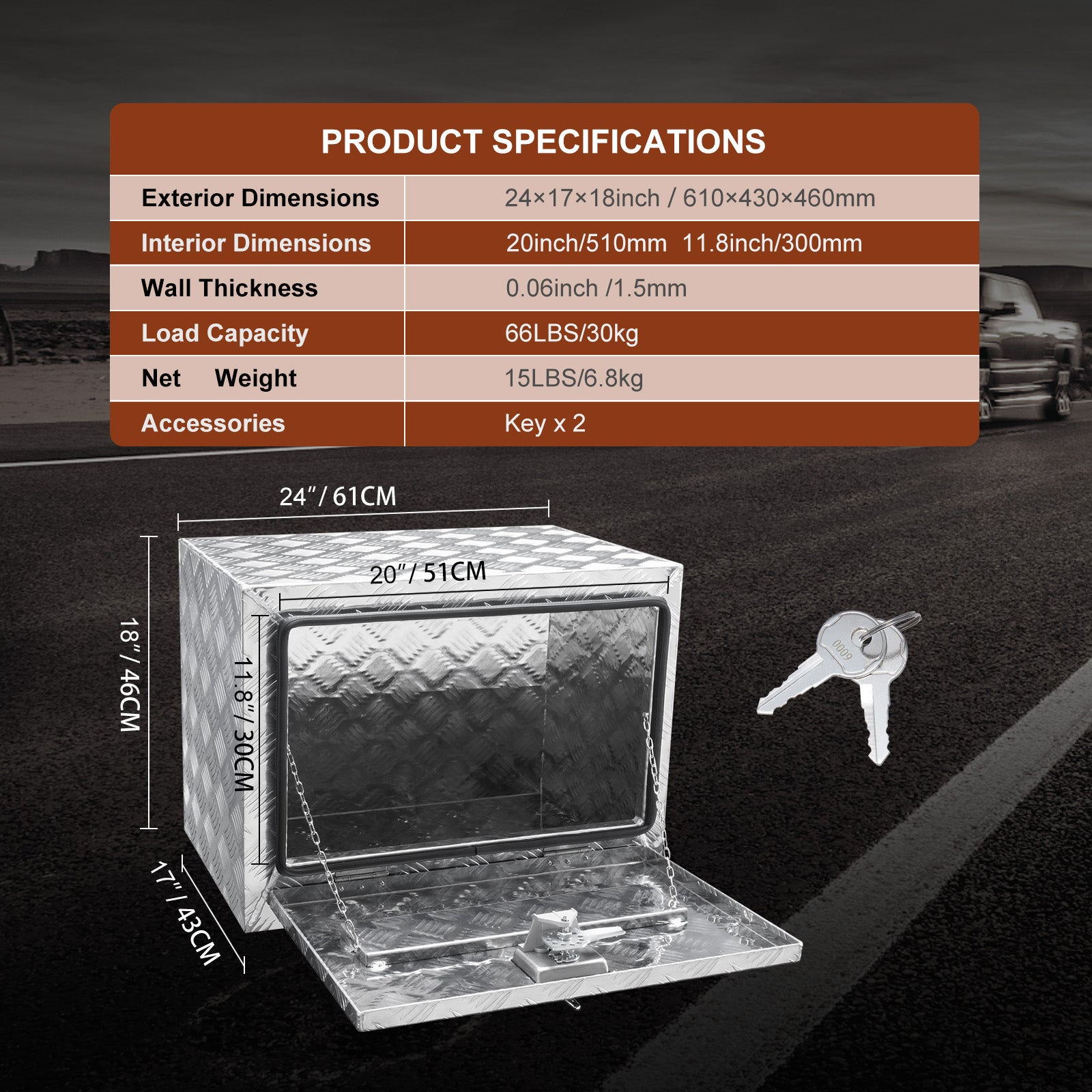 Underbody Truck Box, 24"×17"×18" Pickup Storage Box, Heavy Duty Aluminum Diamond Plate Tool Box with Lock and Keys, Waterproof Trailer Storage Box with T-Handle Latch for Truck, Van, Trailer
