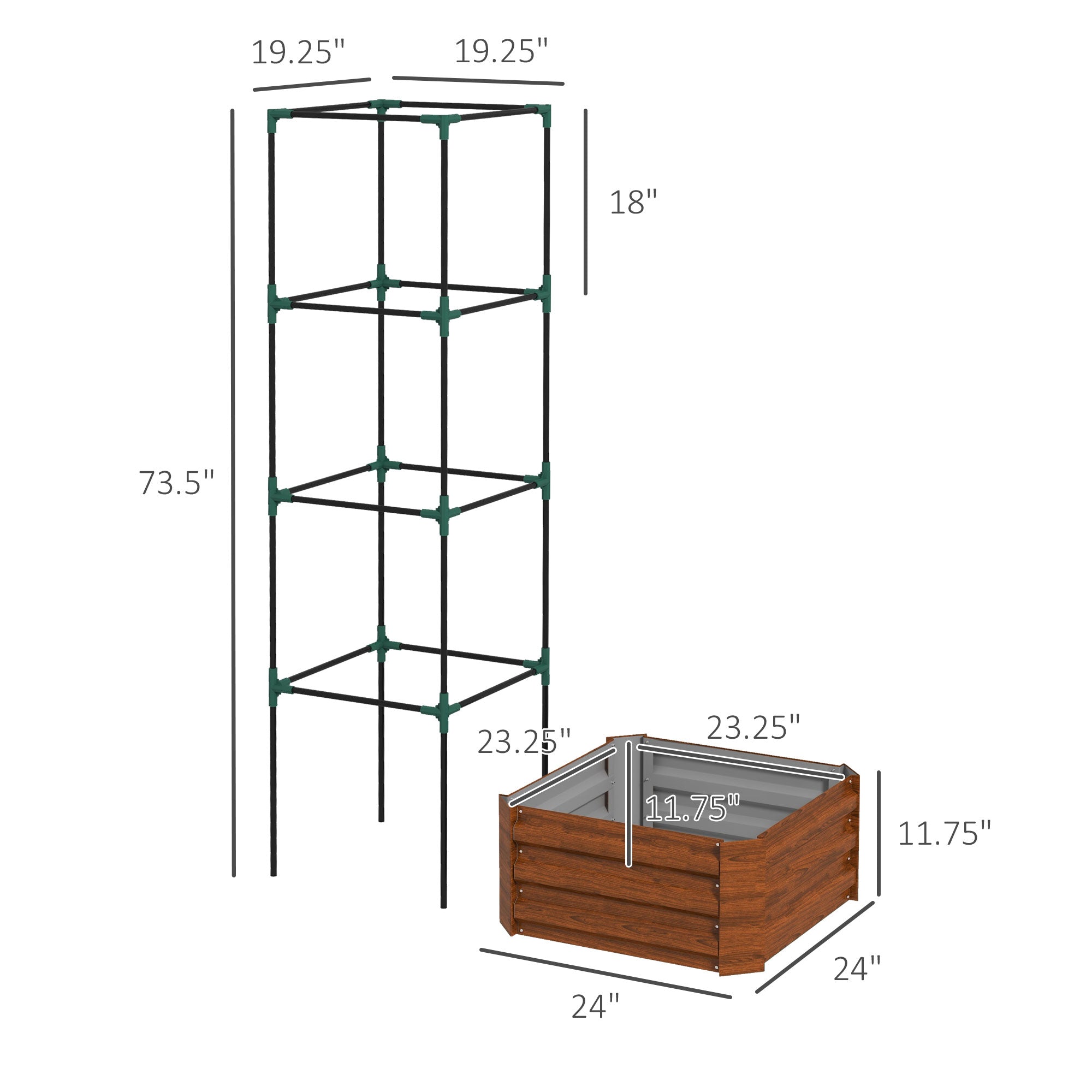 Outsunny Galvanized Raised Garden Bed, 24" x 24" x 11.75" Outdoor Planter Box with Trellis Tomato Cage and Open Bottom for Climbing Vines, Vegetables, Flowers in Backyard, Garden, Patio, Brown