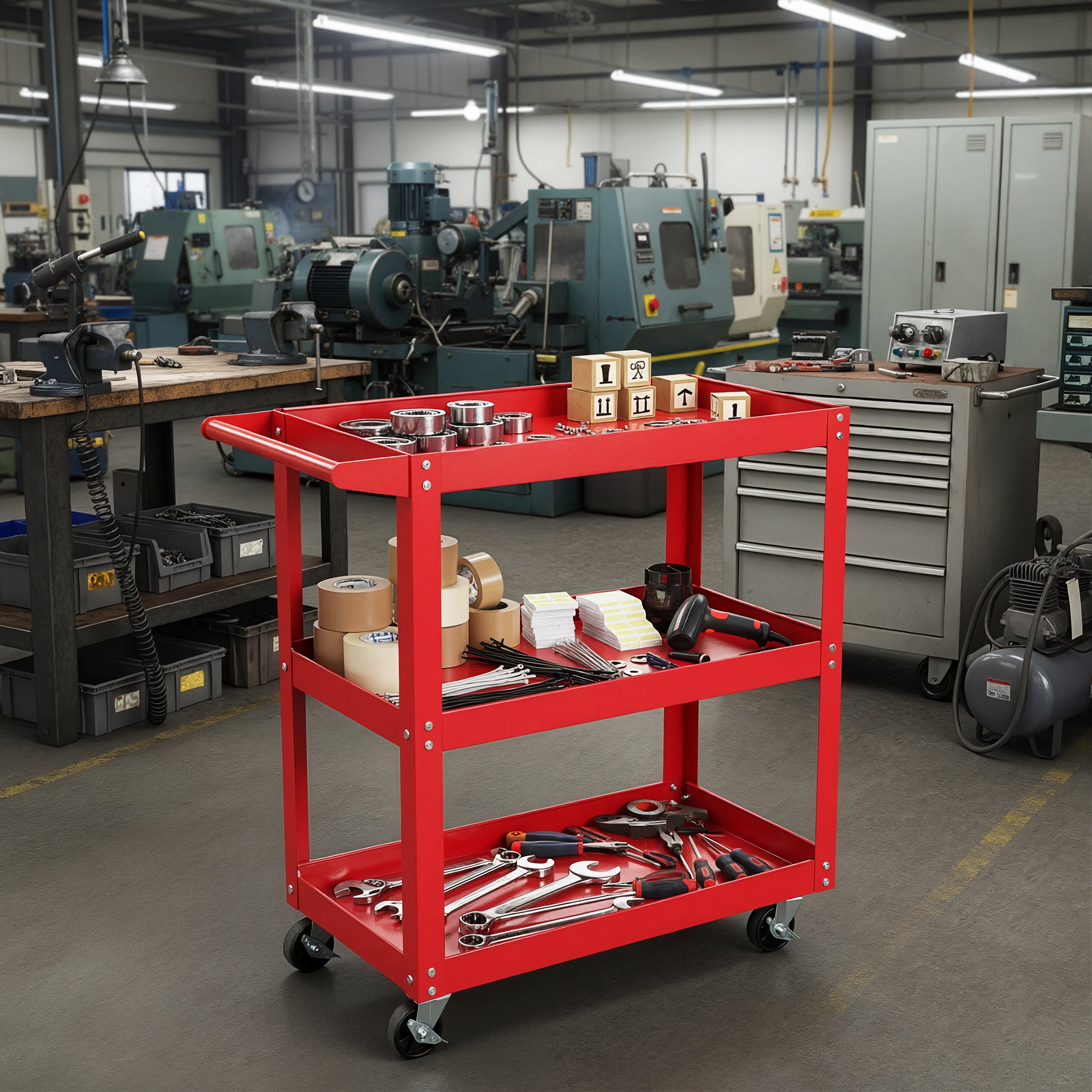 Tool Dorm Utility Service Cart, 3 Shelf 200LBS Heavy Duty Steel Rolling Utility Cart, Medium Lipped Shelf, 360° Swivel Wheels, Ergonomic Storage Handle for Warehouse Garage, Red