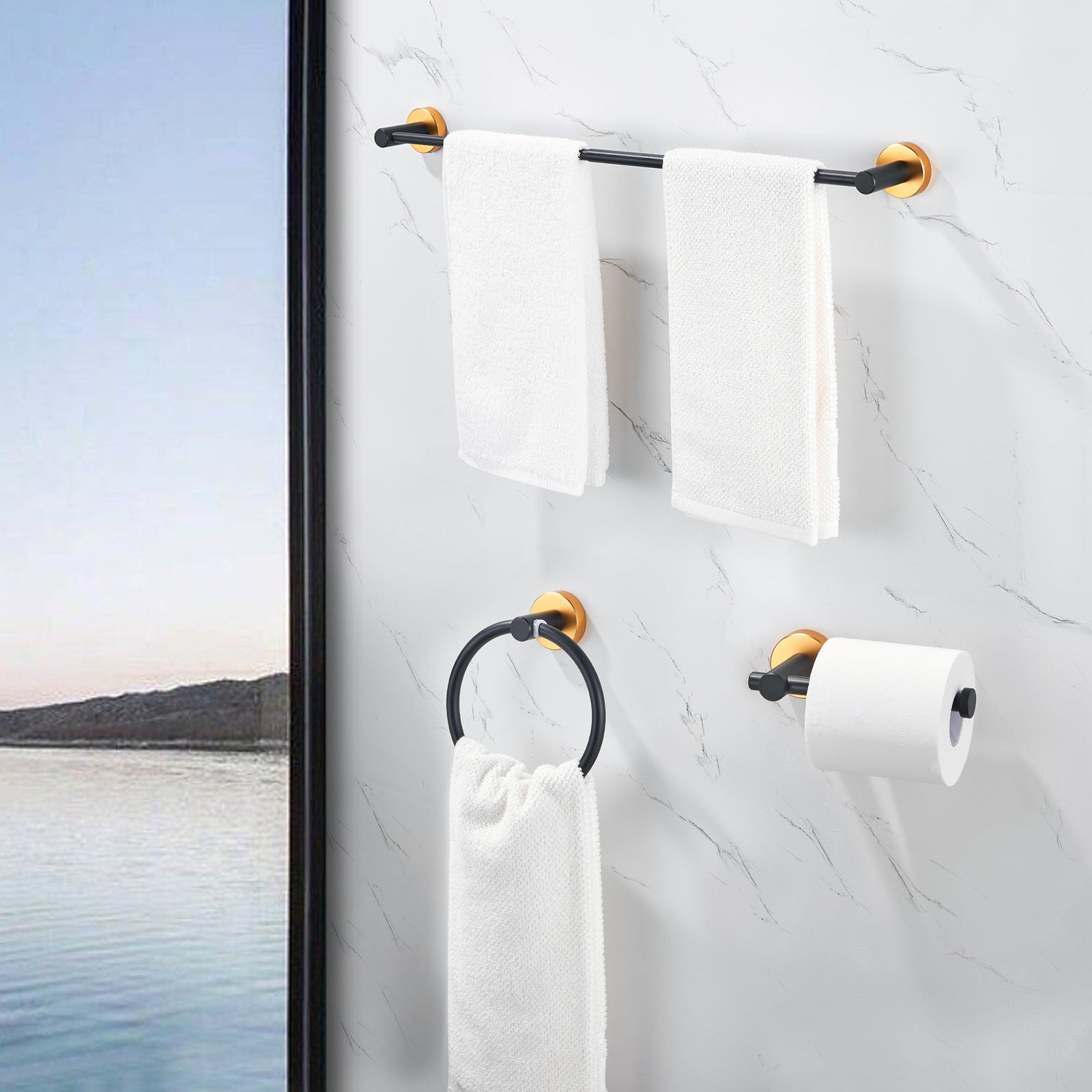 Adjustable 3-Piece Bathroom Hardware Set – Black Gold Towel Bar 16-27”, Towel Ring & TP Holder