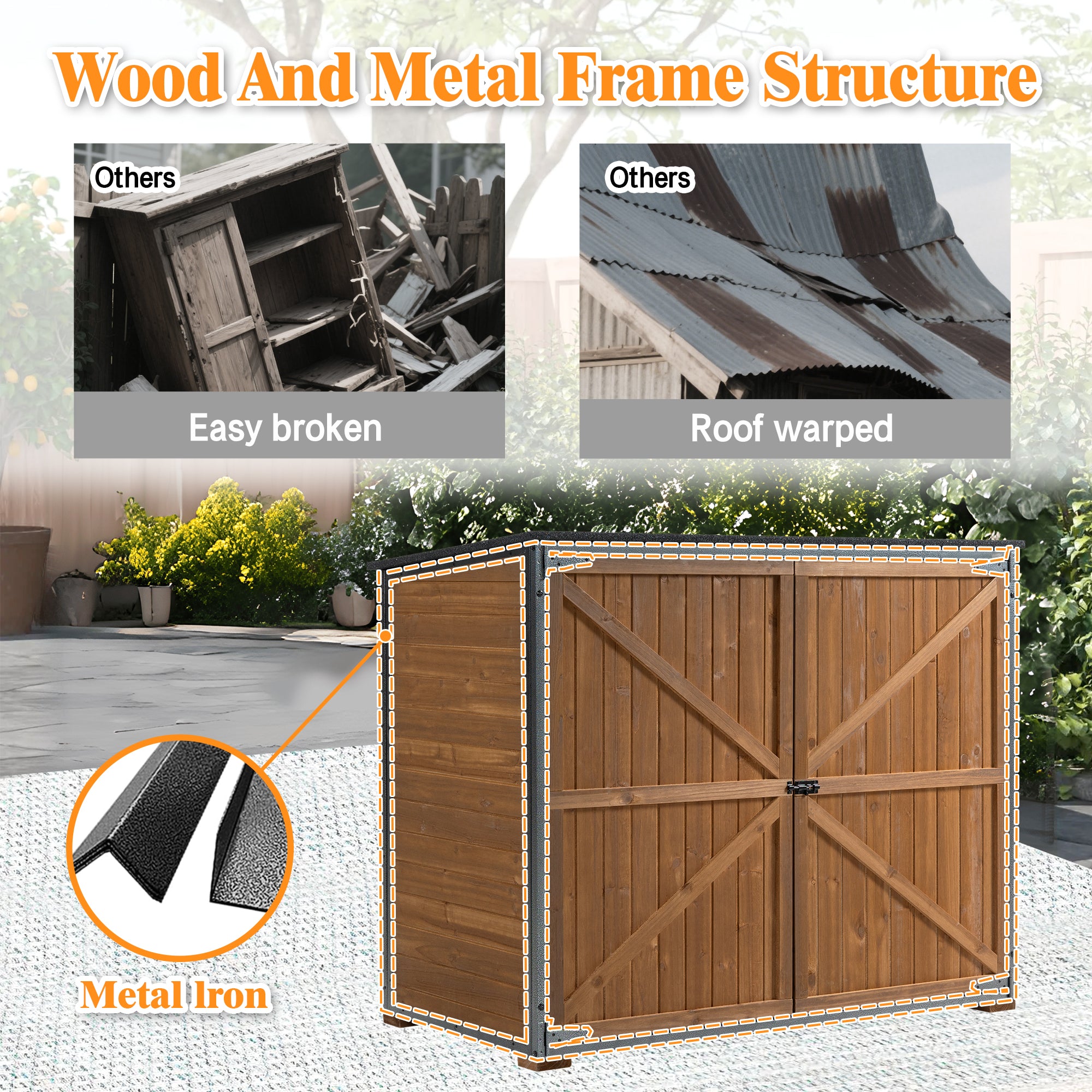 Outdoor Storage Cabinet 50.4"L X 26.8"W X 41"H, Garden Shed Tool Shed with Metal Frame Structure for Backyard Garden Patio Lawn (Brown) 