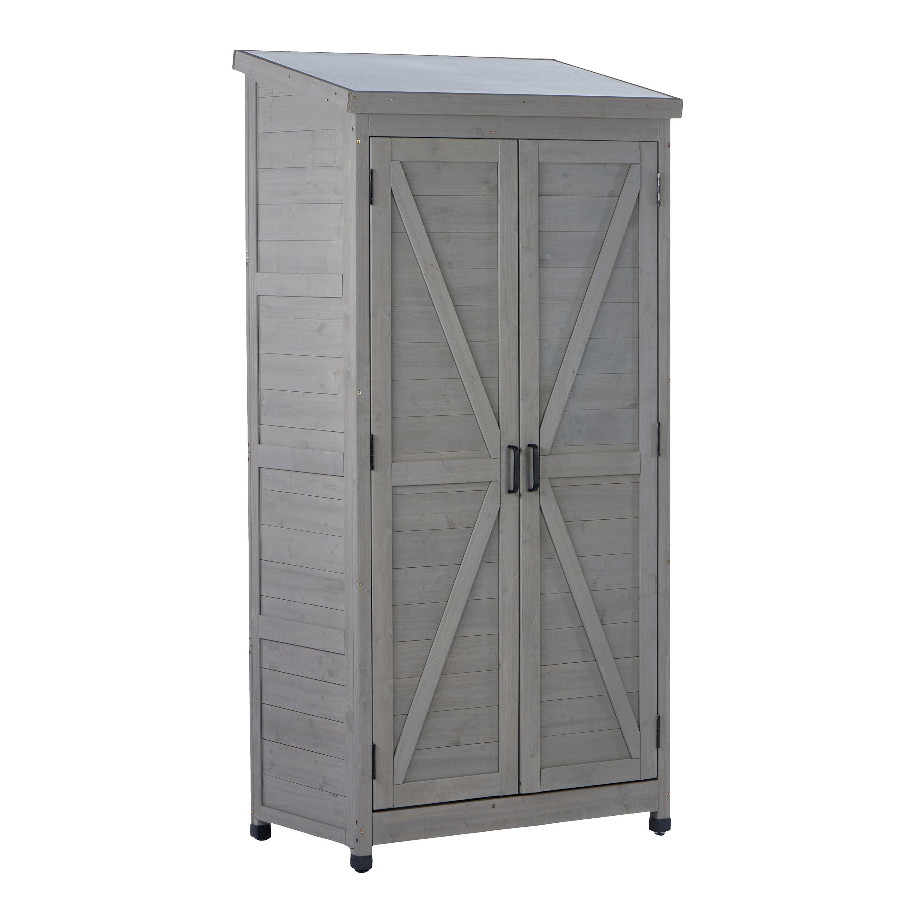 Tall Outdoor Wood Storage Cabinet with Metal Roof – 33.5"L x 18.5"W x 68"H, 280 lbs Capacity, Grey