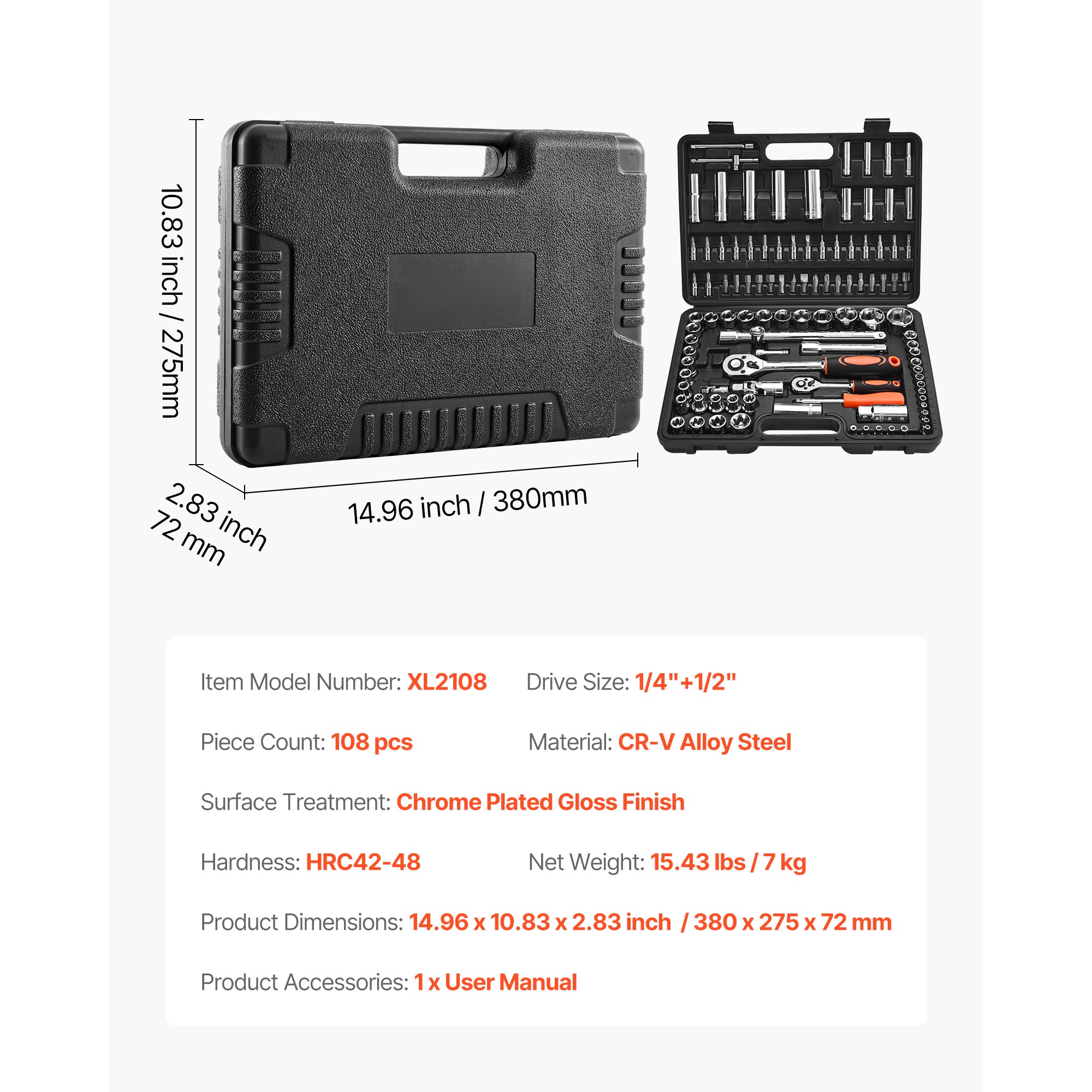 108-Piece Socket Set – 1/4 & 1/2 Inch Drive Metric CR-V Steel Mechanic Tool Kit