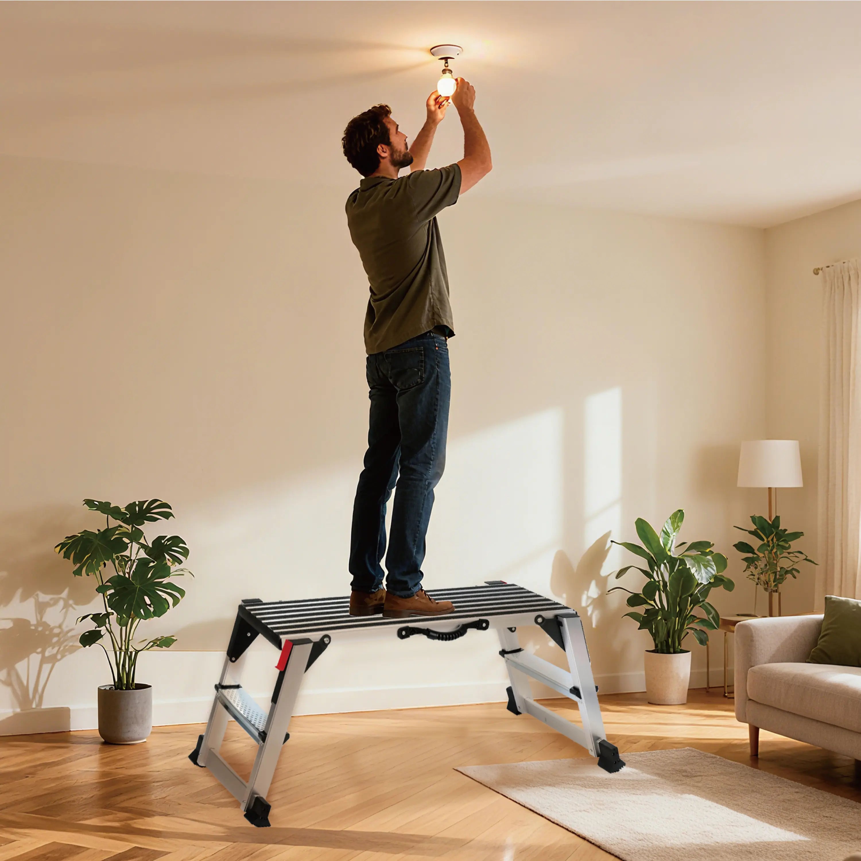 Folding Aluminum Work Platform — 660 lb Heavy‑Duty Capacity, Non‑Slip Surface, Antique Natural, Ideal for Painting & Washing