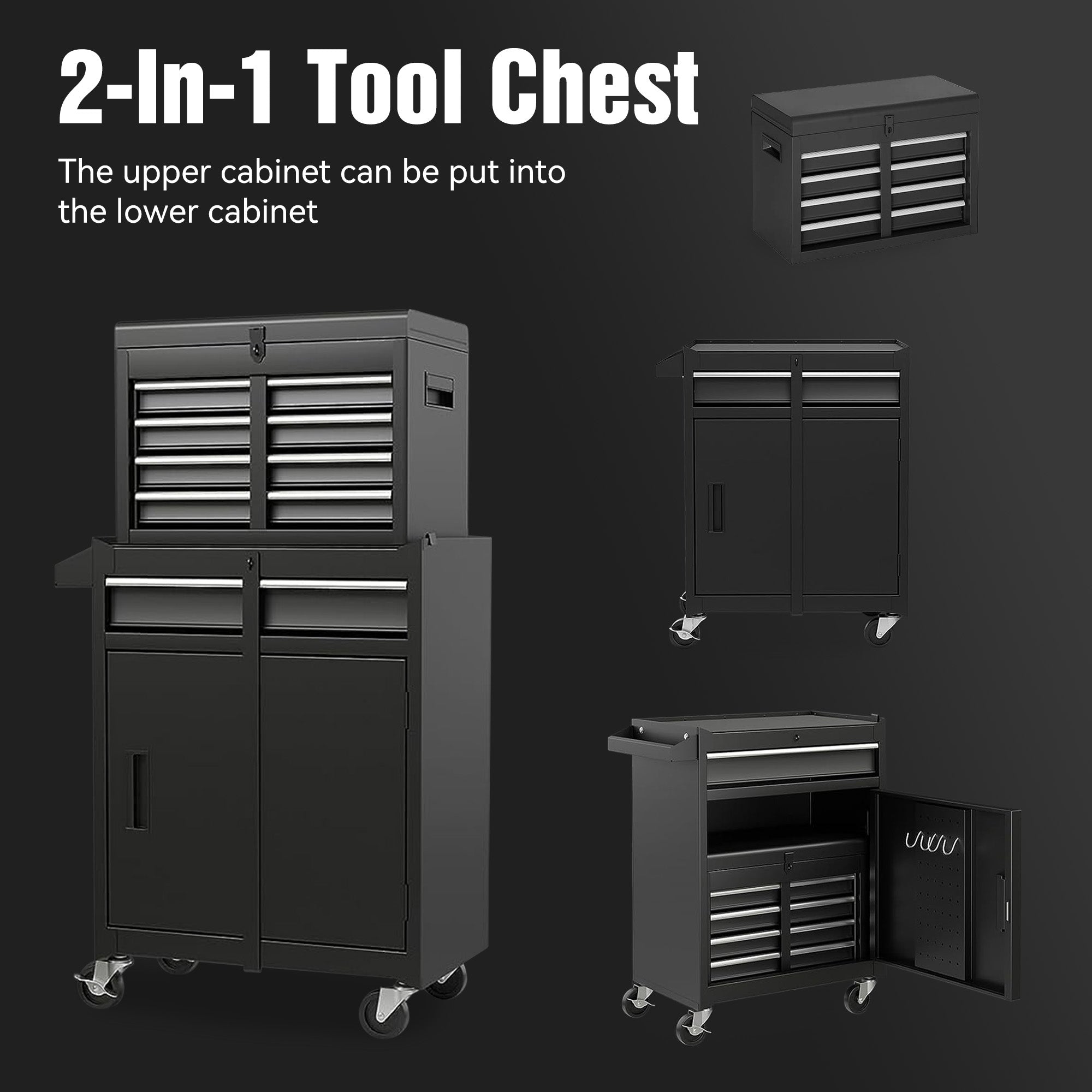 5-Drawer Rolling Tool Chest – Detachable Black Tool Cabinet with Lock & Adjustable Shelf