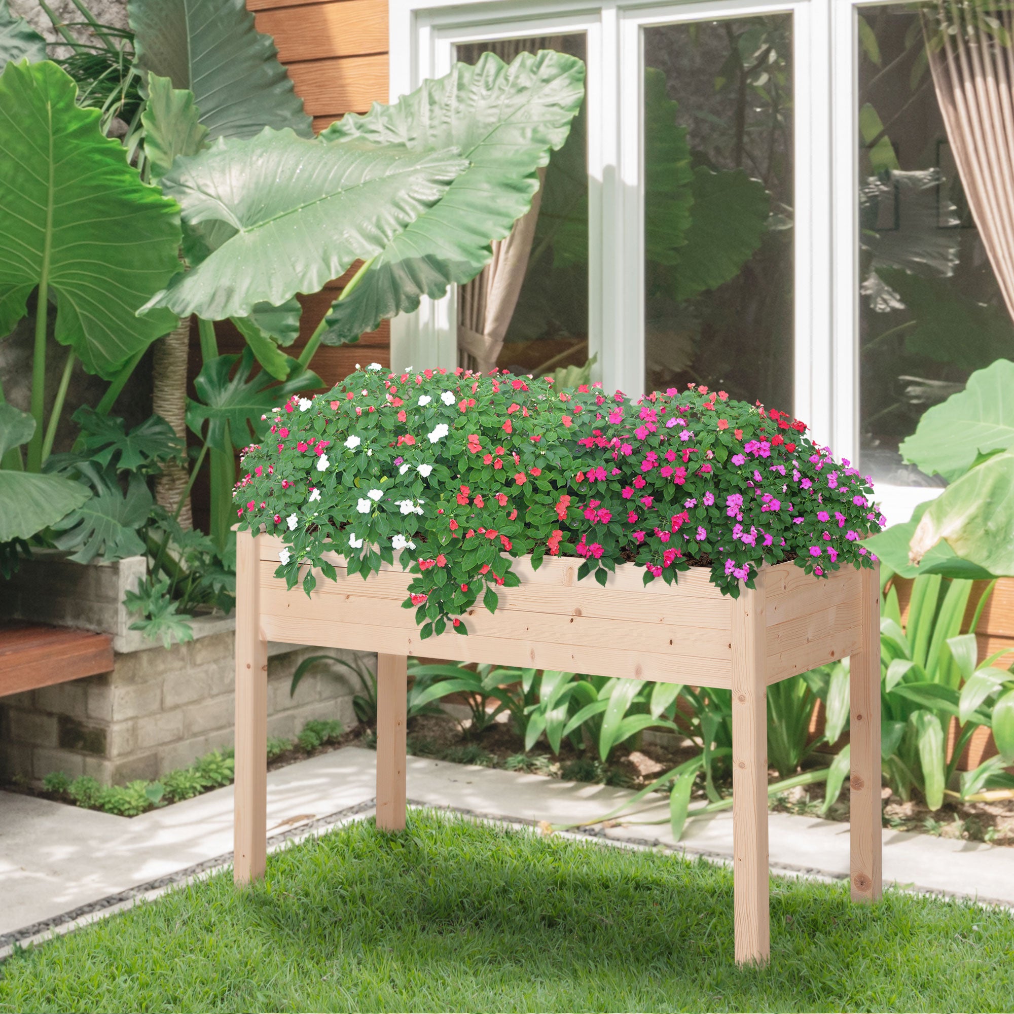 Outsunny Raised Garden Bed with Legs, 48" x 22" x 30", Elevated Wooden Planter Box, Self-Draining with Bed Liner for Vegetables, Herbs, and Flowers Backyard, Patio, Balcony Use, Natural