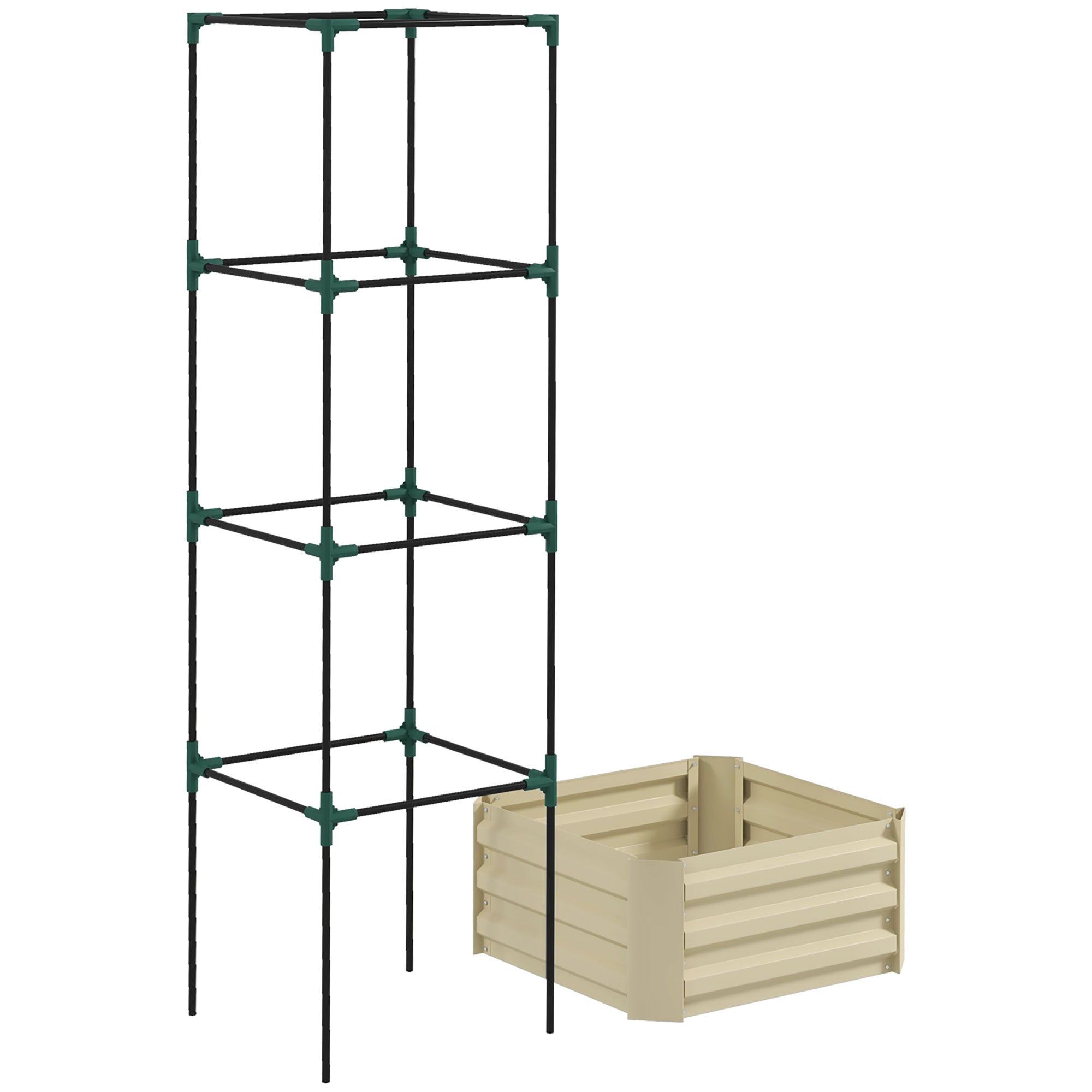 Outsunny Galvanized Raised Garden Bed, 24" x 24" x 11.75" Outdoor Planter Box with Trellis Tomato Cage and Open Bottom for Climbing Vines, Vegetables, Flowers in Backyard, Garden, Patio, Cream