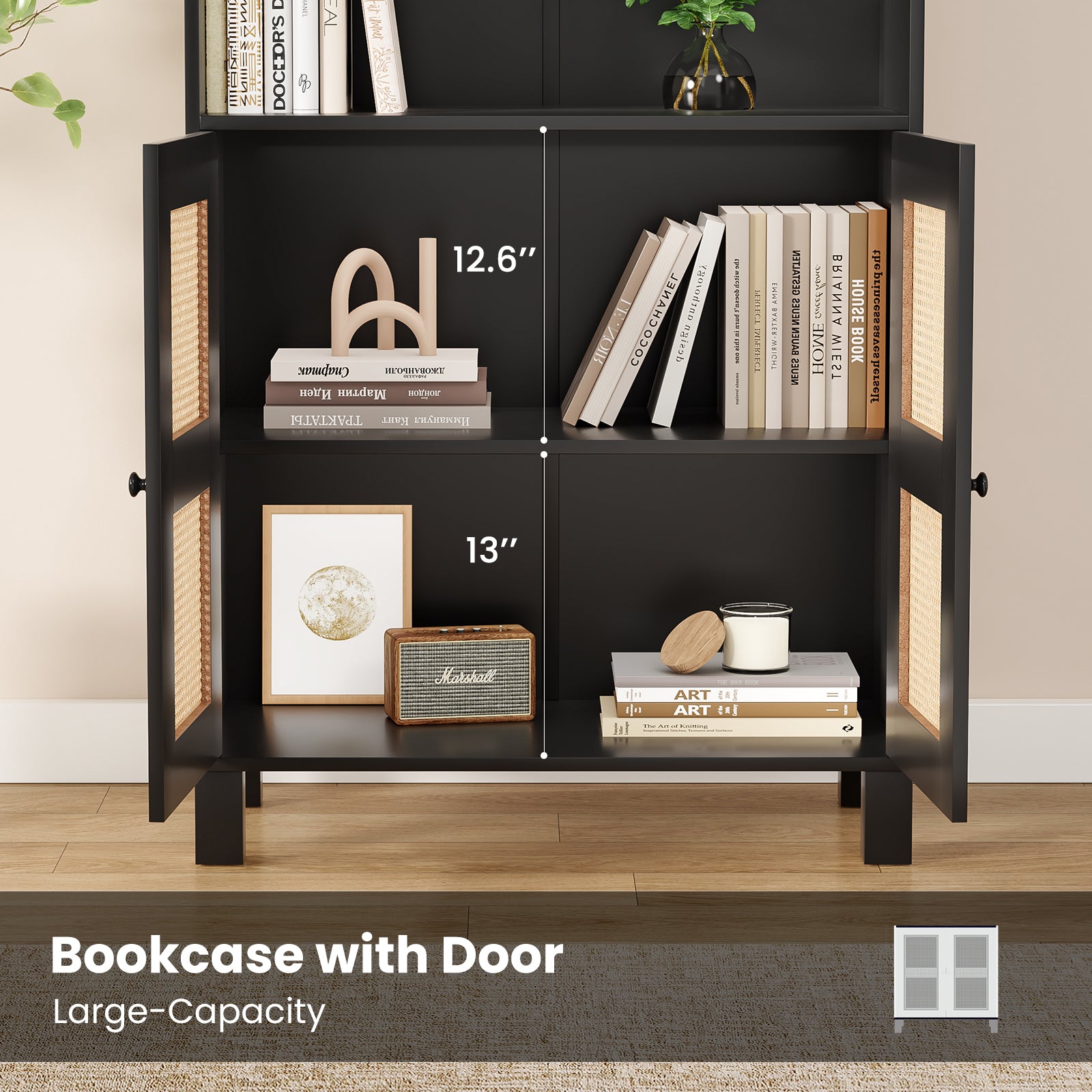 Tall Bookcase with Rattan Doors,5 Tier Storage Wood Shelves Large Bookshelf for Library Living Room Bedroom Home Office,Black