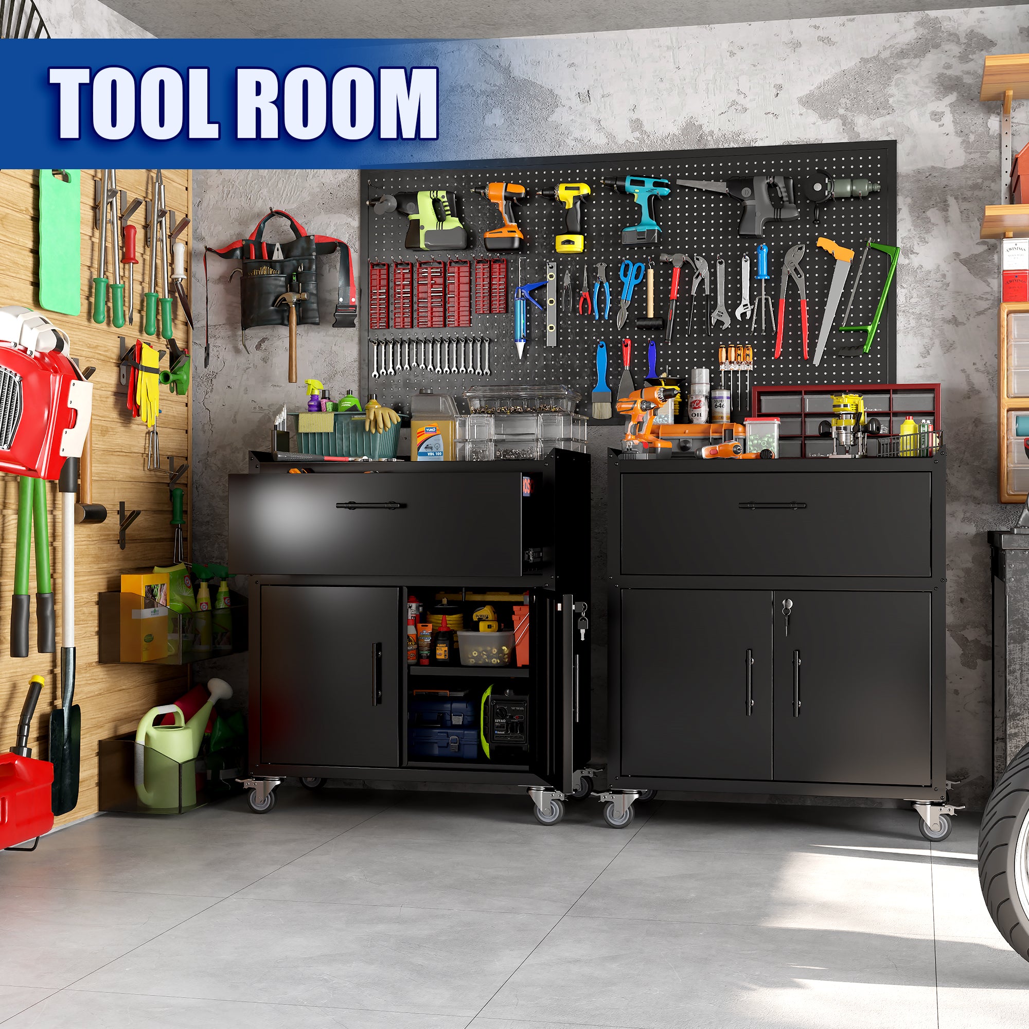 2 Door + 1 Drawer Lockable Rolling Tool Cabinet – Garage Storage with Wheels