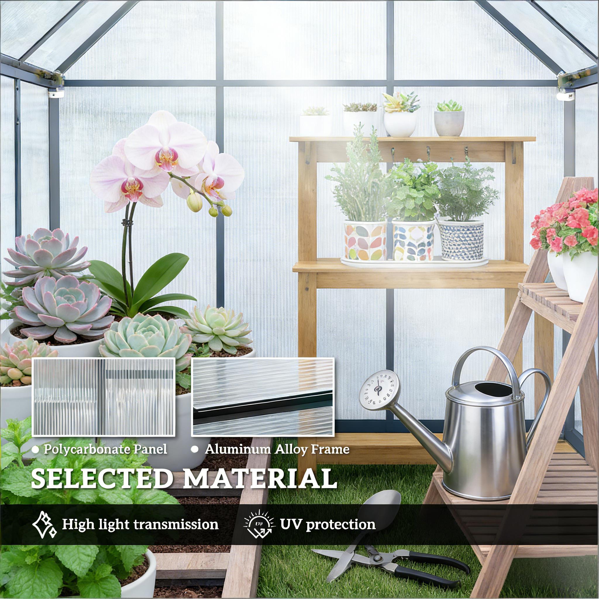 Modern Walk‑In Greenhouse — UPF 50+ Polycarbonate Panels Swing Door Adjustable Roof Vents Black Clear