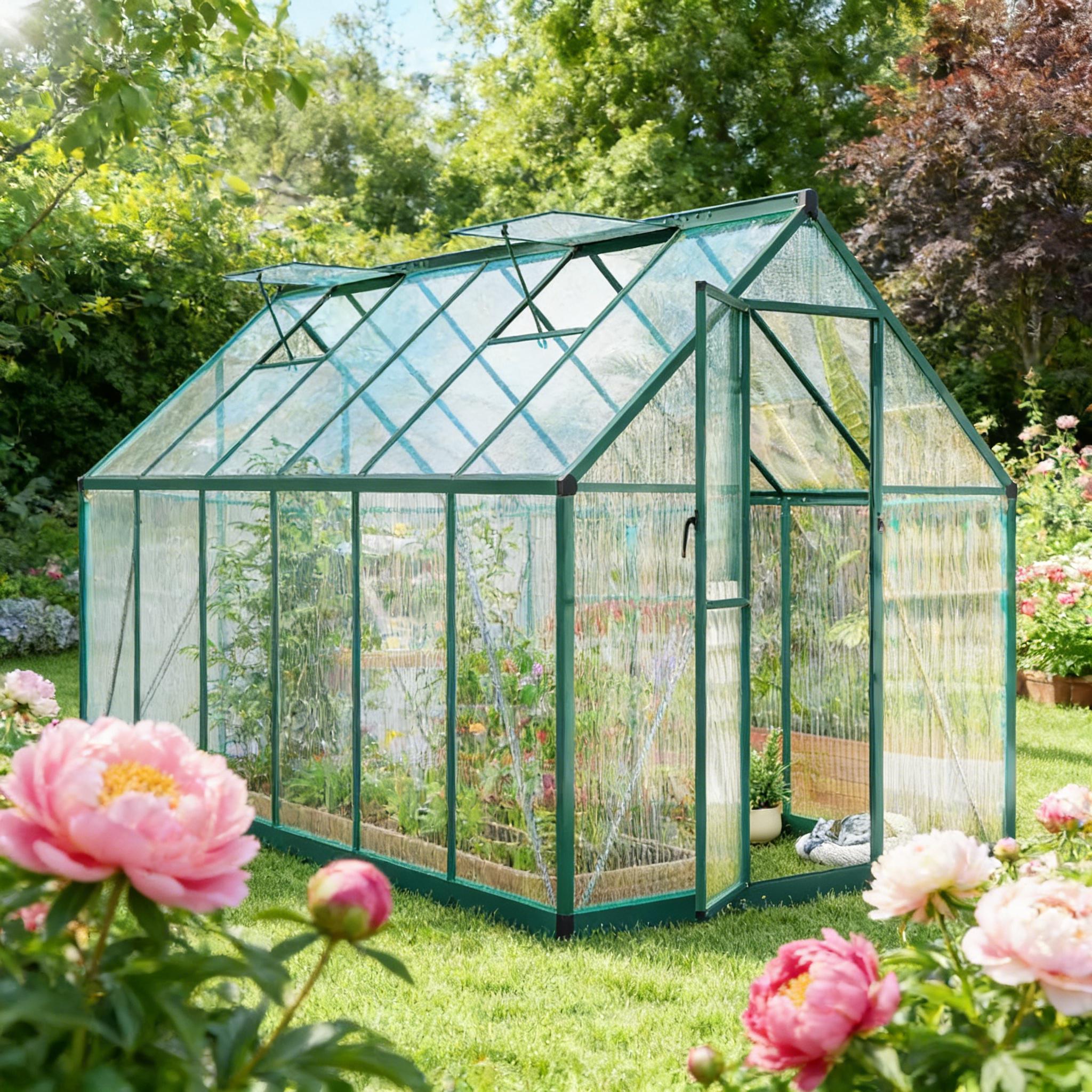 Walk‑In Greenhouse with UPF 50+ Polycarbonate Panels — Adjustable Roof Swing Door Dark Green Clear