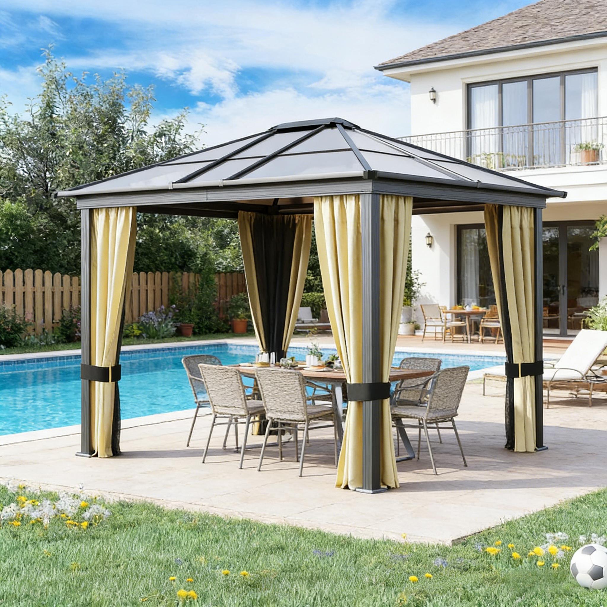 11.8x9.7 FT Hardtop Gazebo, Tinted Polycarbonate Roof, Aluminum Frame, 4 Mesh + 4 Curtain Sidewalls, Beige/Brown