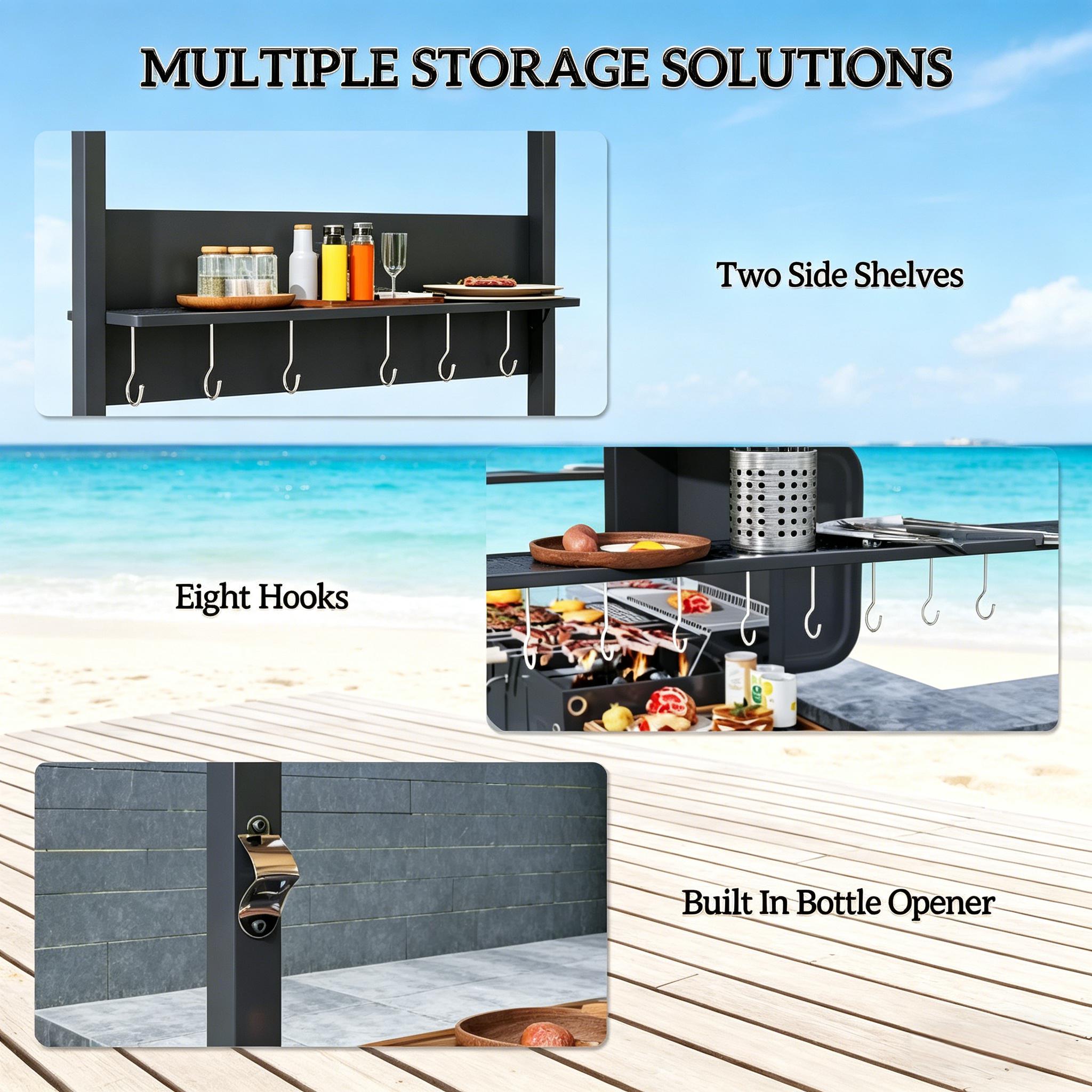 BBQ Grill Gazebo with Double-Tier Canopy, Side Shelves, 8 Hooks & LED Light, Fits Grills up to 59 in Wide, Khaki