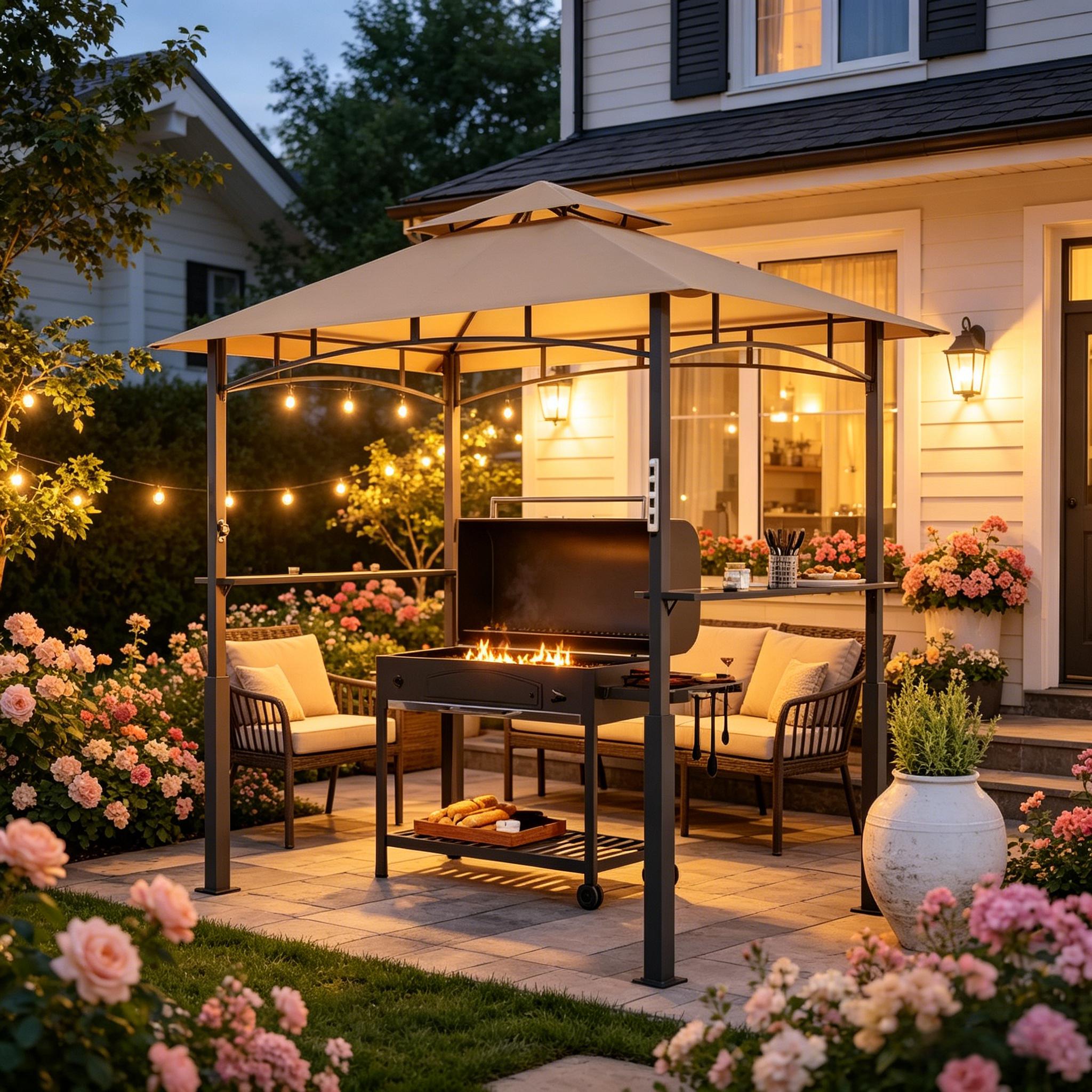 BBQ Grill Gazebo with Double-Tier Canopy, Side Shelves, 8 Hooks & LED Light, Fits Grills up to 59 in Wide, Khaki