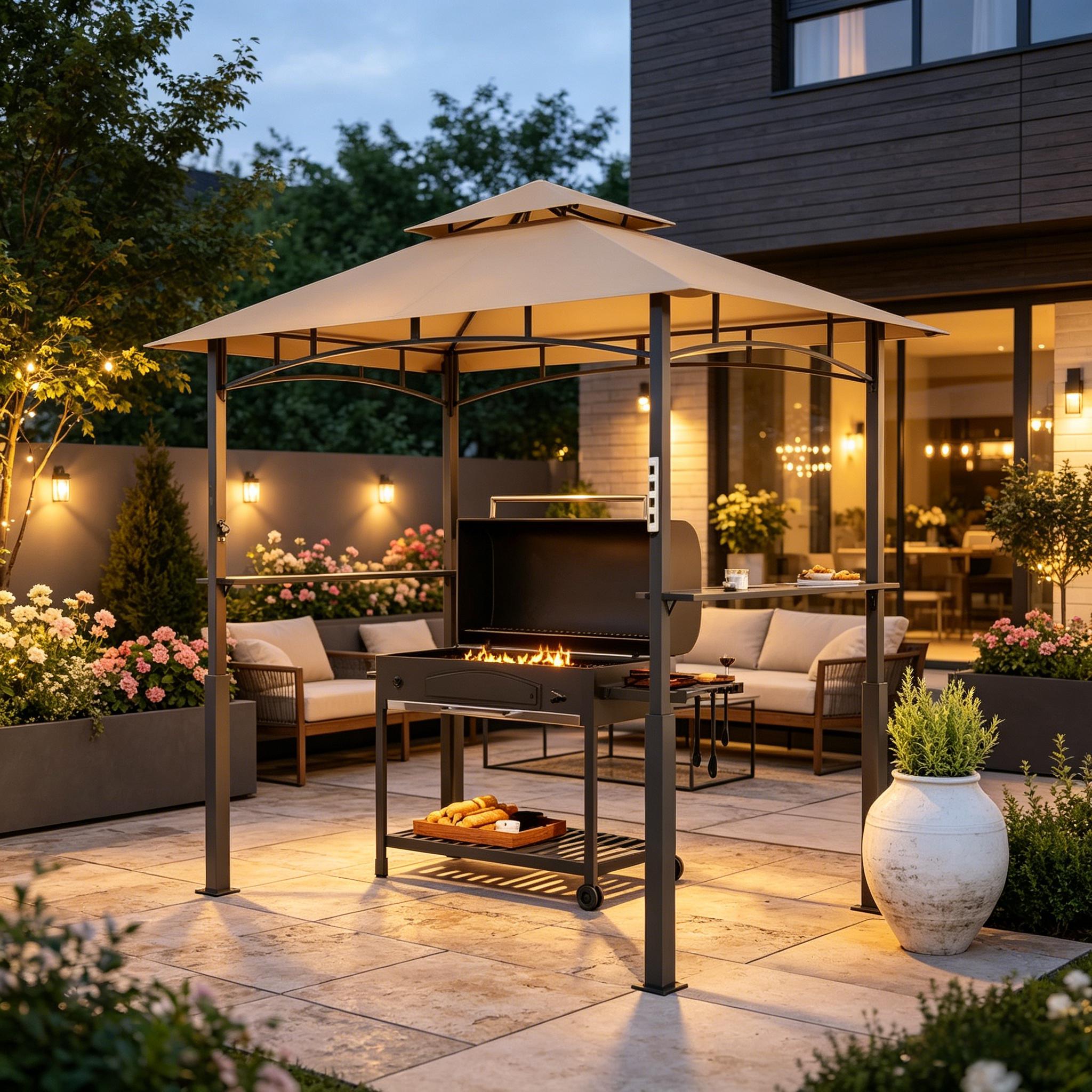 BBQ Grill Gazebo with Double-Tier Canopy, Side Shelves, 8 Hooks & LED Light, Fits Grills up to 59 in Wide, Khaki