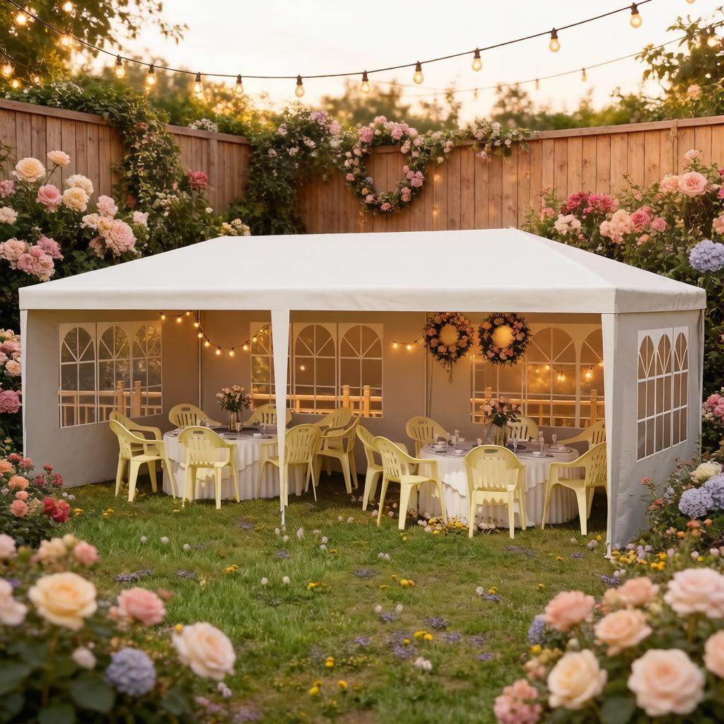 Party Tent Gazebo 19.2x9.7 ft, Cathedral-Style PE Canopy with 4 Sidewalls & Church Windows, Stakes & Ropes, White