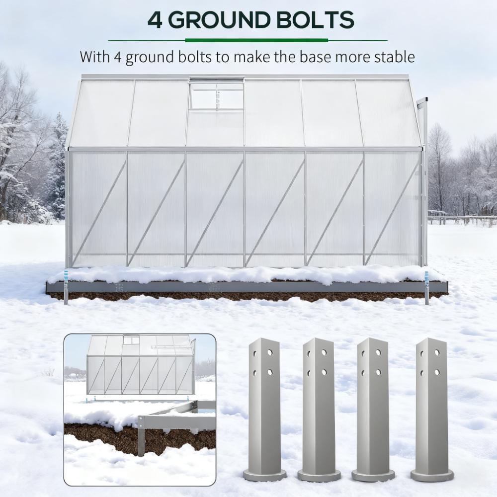 12.3ft x 6.2ft x 6.5ft Heavy‑Duty Aluminum Walk‑In Greenhouse — Polycarbonate Panels Sliding Door & Rooftop Vent Silver