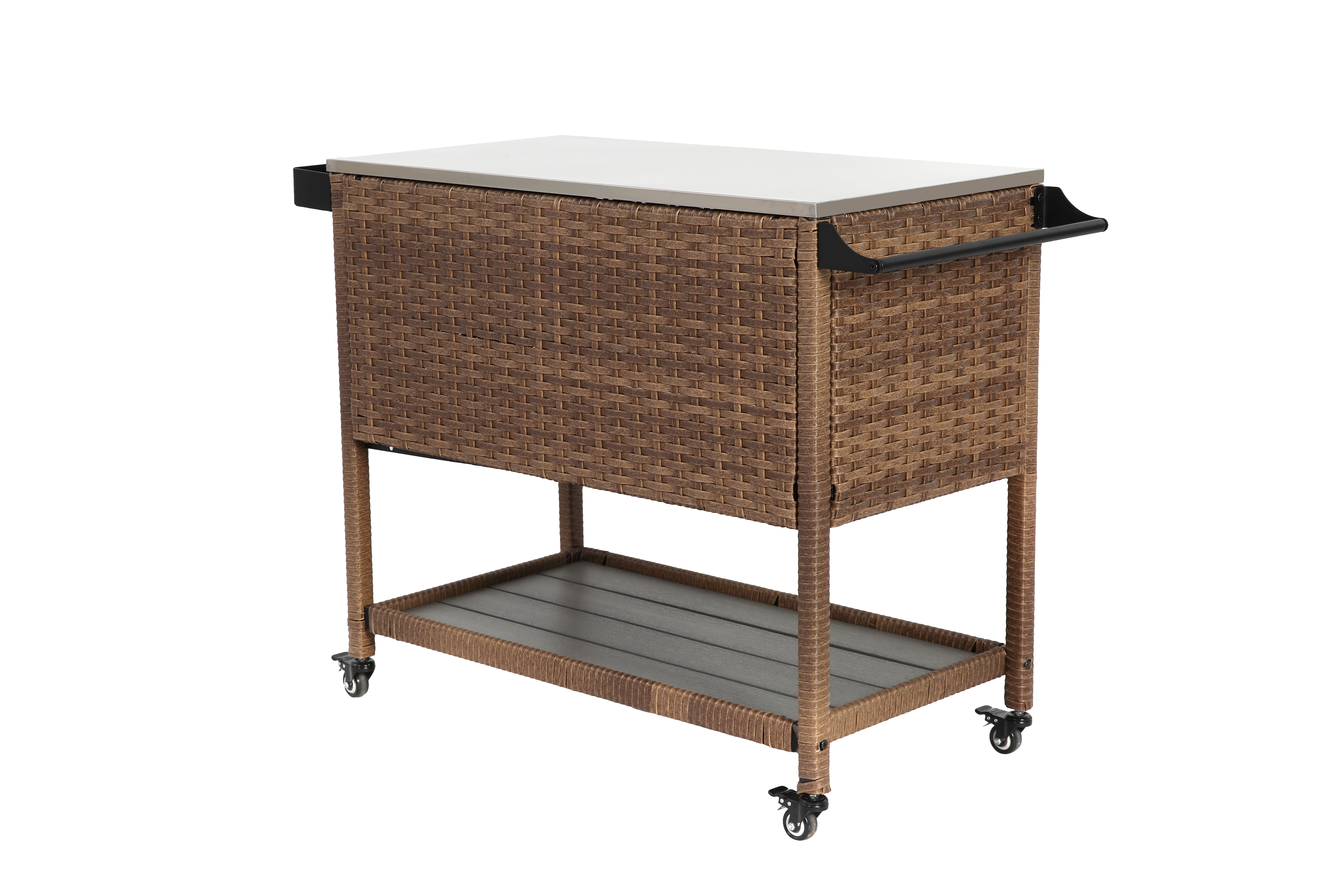 Outdoor Wicker Bar Cart, Patio Wine Serving Cart w/Wheels, Rolling Rattan Beverage Bar Counter Table with stainless steel Top for Porch Backyard Garden Poolside Party, Brown